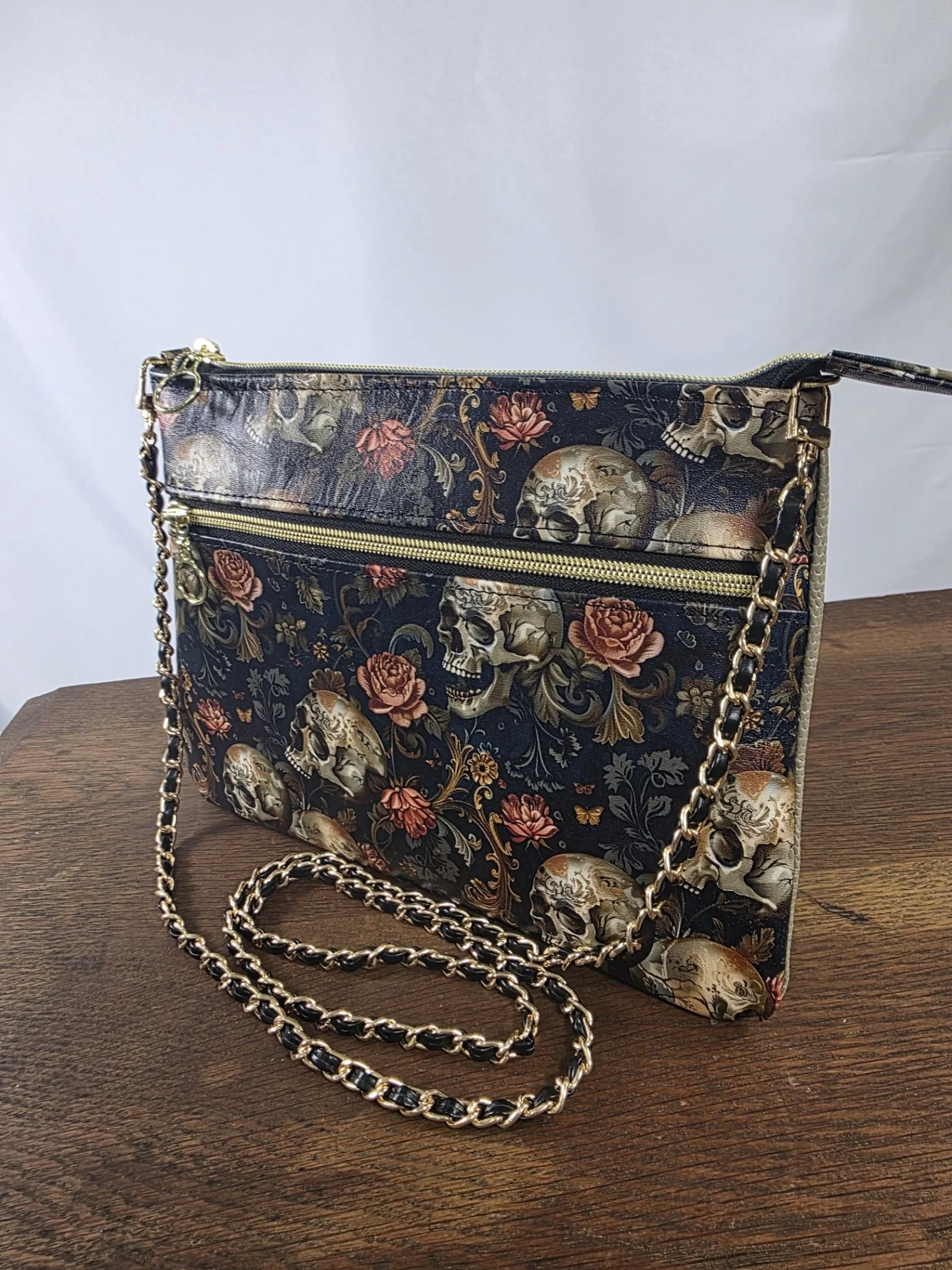 Leather Casey Pouchette with Skull/Roses Print