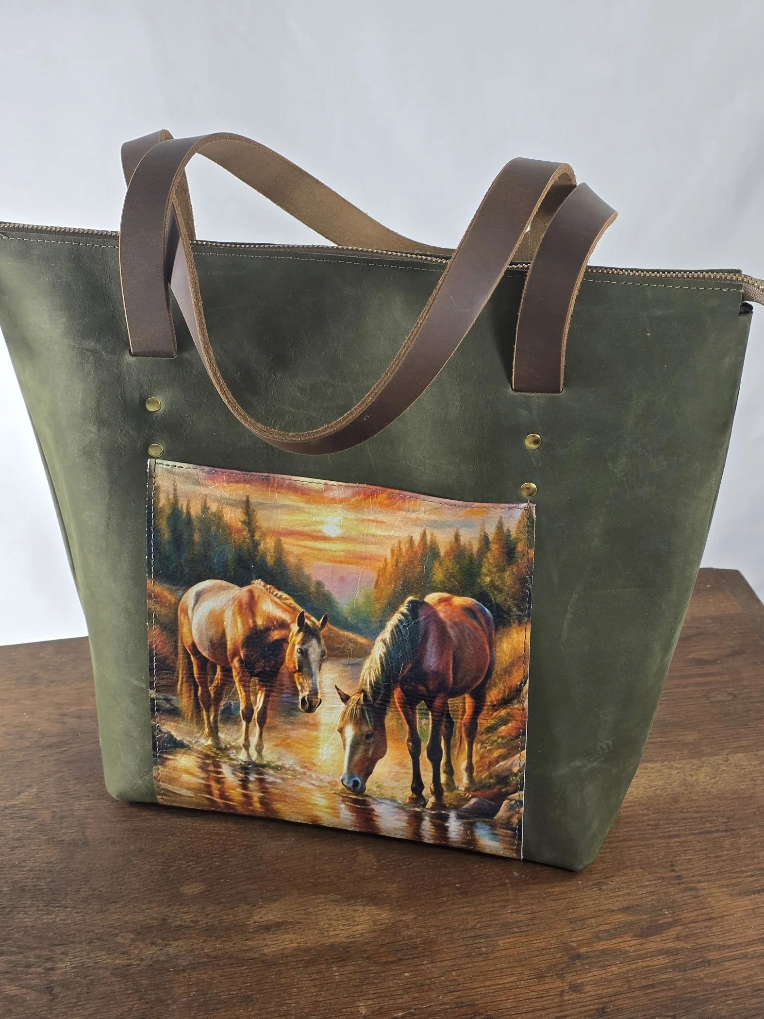 Leather Tote with Zipper and Horse River Panel