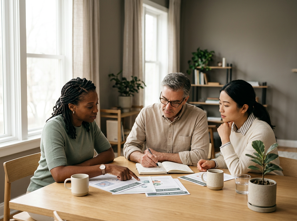 Three professionals discussing documents at a table.