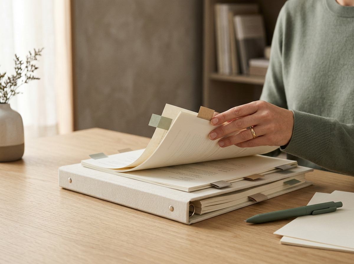 Person reviewing documents in a binder.
