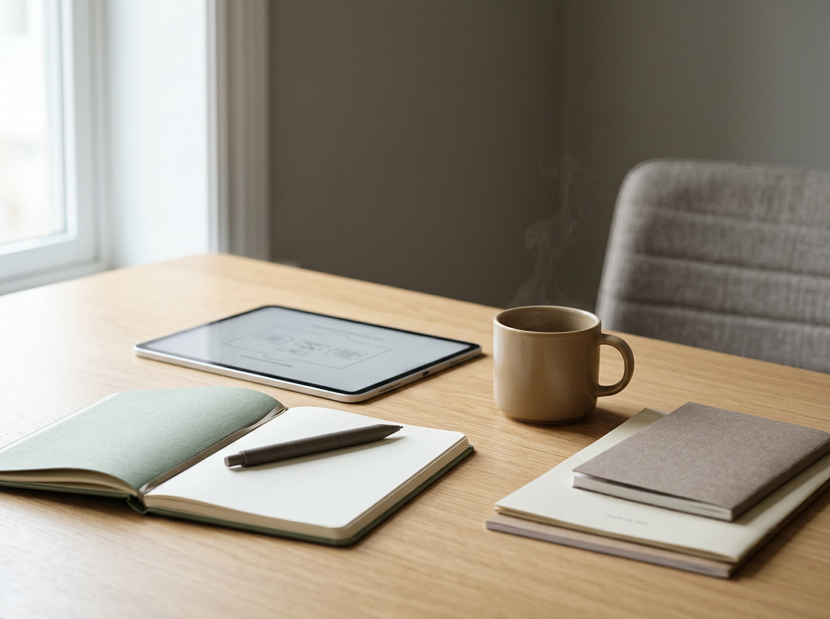 Notebook, tablet, and coffee arranged on a workspace.