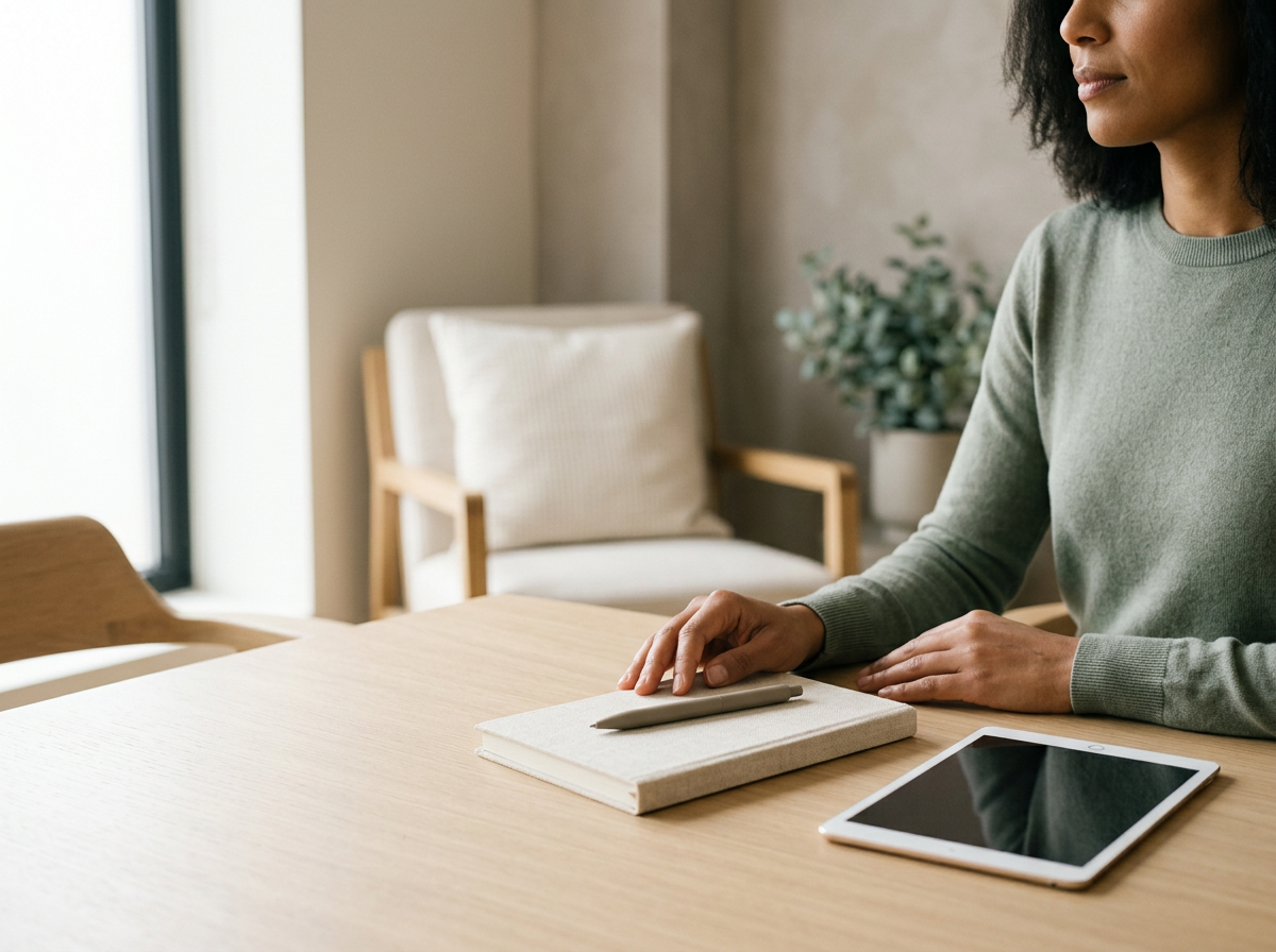 Woman working with a tablet and notebook.