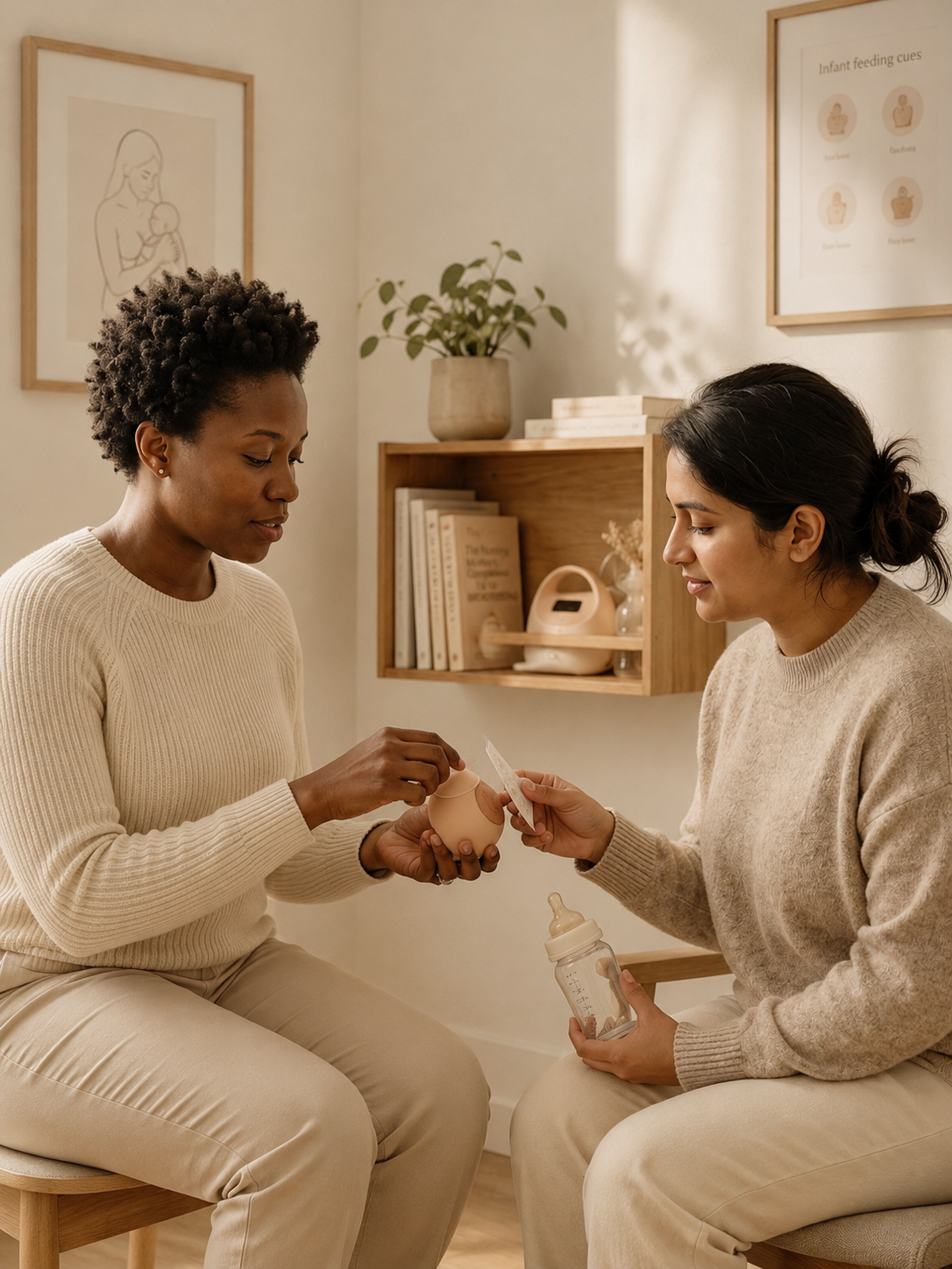 Two women sitting in a cozy room, one is feeding a baby doll with a bottle held by the other, surrounded by books and warm decor.
