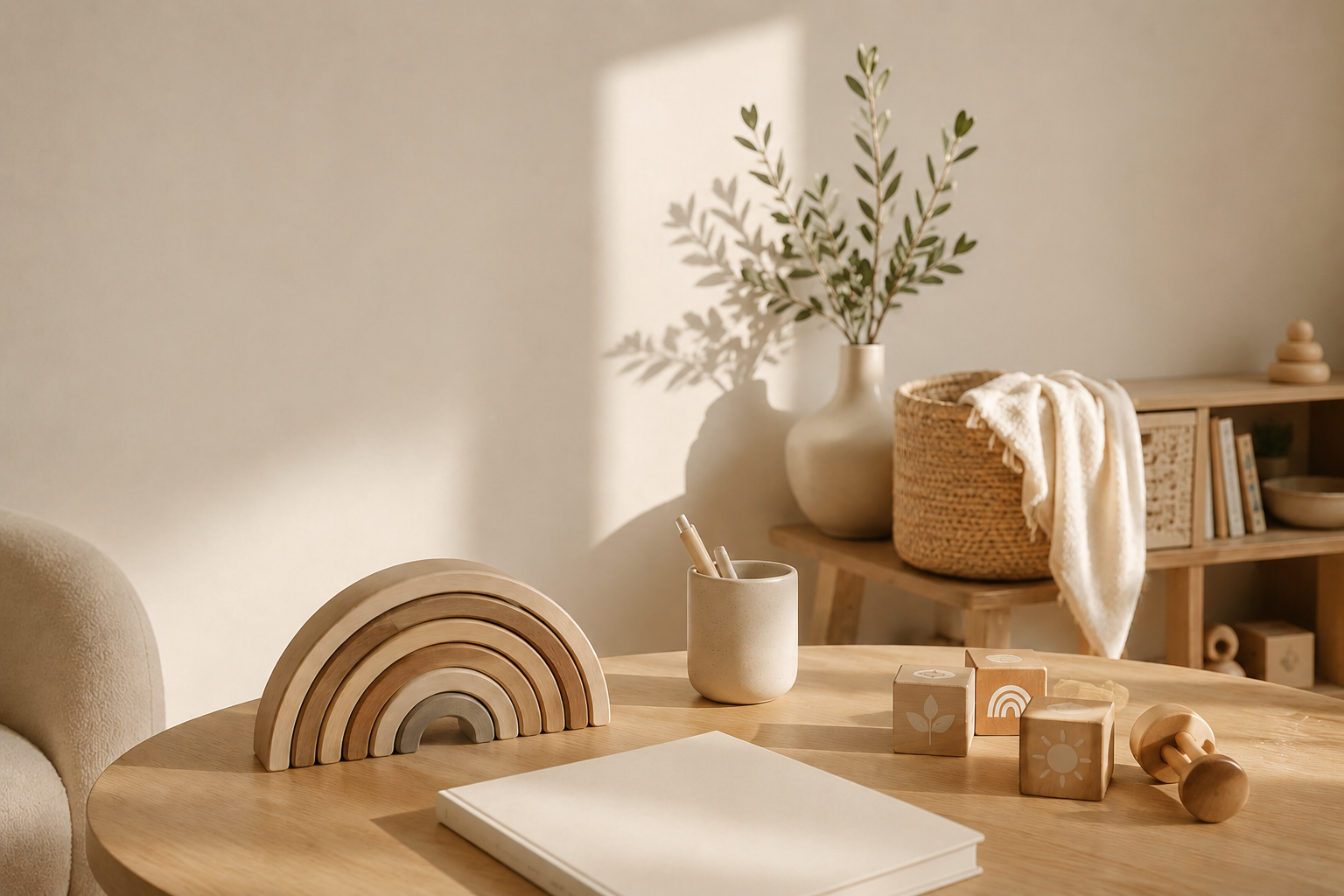 A wooden rainbow toy, a notebook, a ceramic cup with pens, wooden blocks with symbols, and a wooden stamp on a round wooden table in a cozy, natural-toned room with a basket and shelf holding books and decor items.