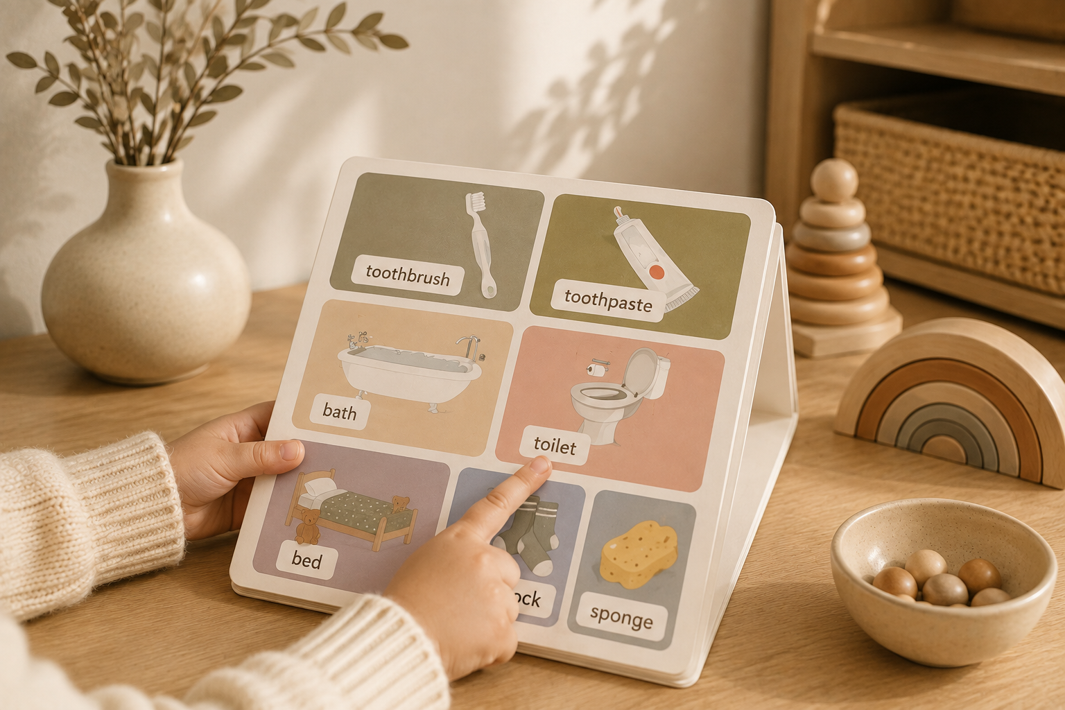 A child's hand points to a picture of a toilet in a picture book. The book contains illustrations and labels for various household items including a toothbrush, toothpaste, bath, toilet, bed, sock, and sponge. The setting appears to be a tidy wooden table with a ceramic bowl of decorative stones, a vase with leaves, and wooden stacking toys nearby.