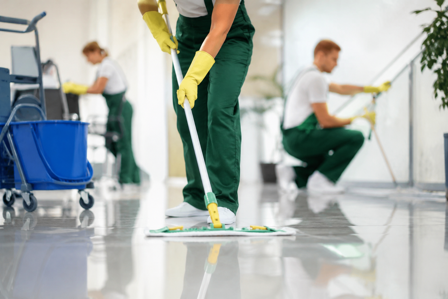 Reinigungspersonal beim Bodenwischen in einem Krankenhaus