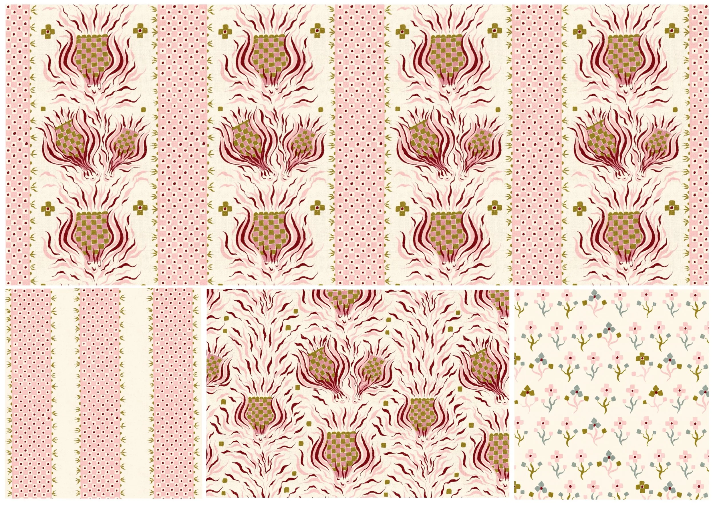 Checker Bloom hand-drawn folk floral surface pattern collection by Nordic Duck by Ieva Rudzite, featuring stylised flowers, decorative stripes and coordinating patterns in dusty pink, cream, burgundy and olive green. Textile and wallpaper artwork for