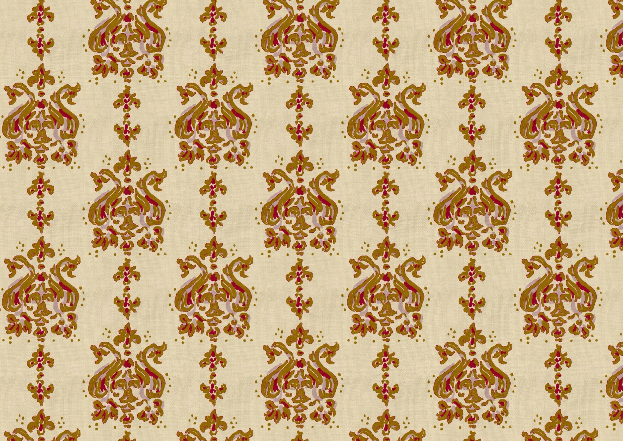 Hand-drawn ornamental folk pattern in warm cream, ochre and burgundy, inspired by antique carpet motifs and decorative textiles, by Ieva Rudzite, Nordic Duck, for wallpaper, fabric and interiors.