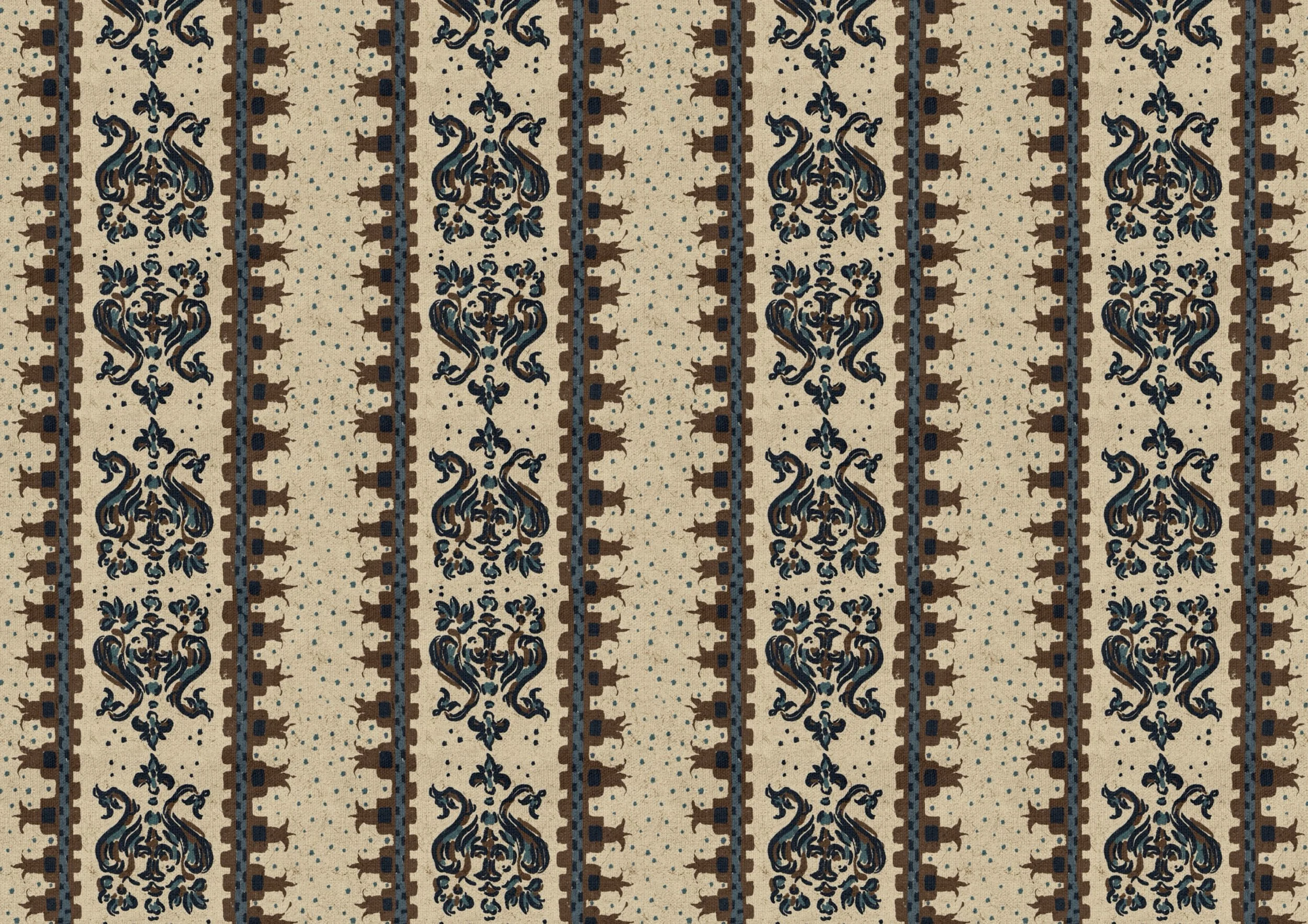 Hand-drawn antique carpet inspired ornamental stripe in navy blue, cream and earthy brown by Ieva Rudzite, Nordic Duck, for wallpaper, textiles and interiors.