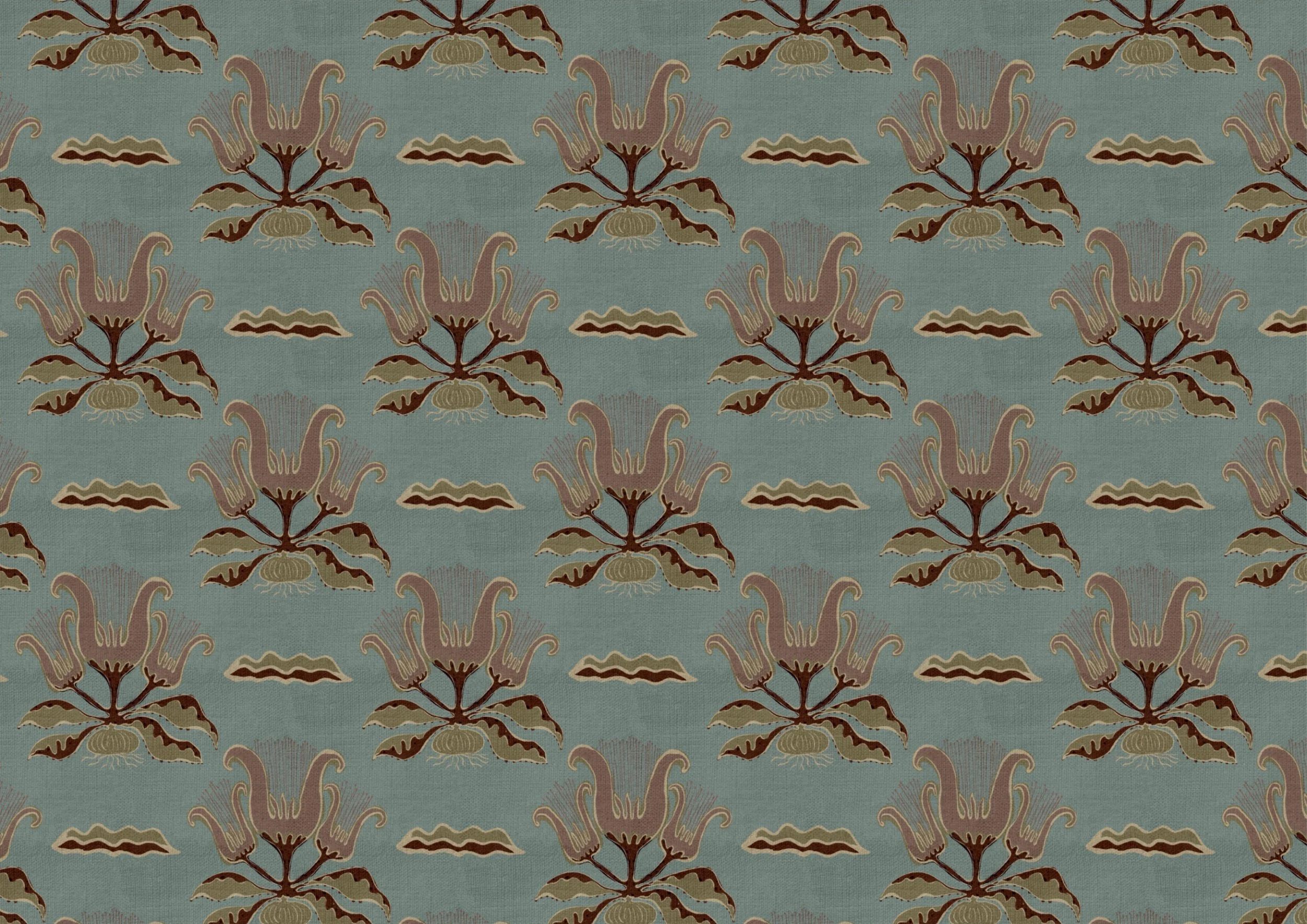 Heritage tulip surface pattern by Nordic Duck artist Ieva Rudzite, featuring hand-drawn folk florals in a rustic vintage block print style with linen texture, dusty blue, burgundy and cream.