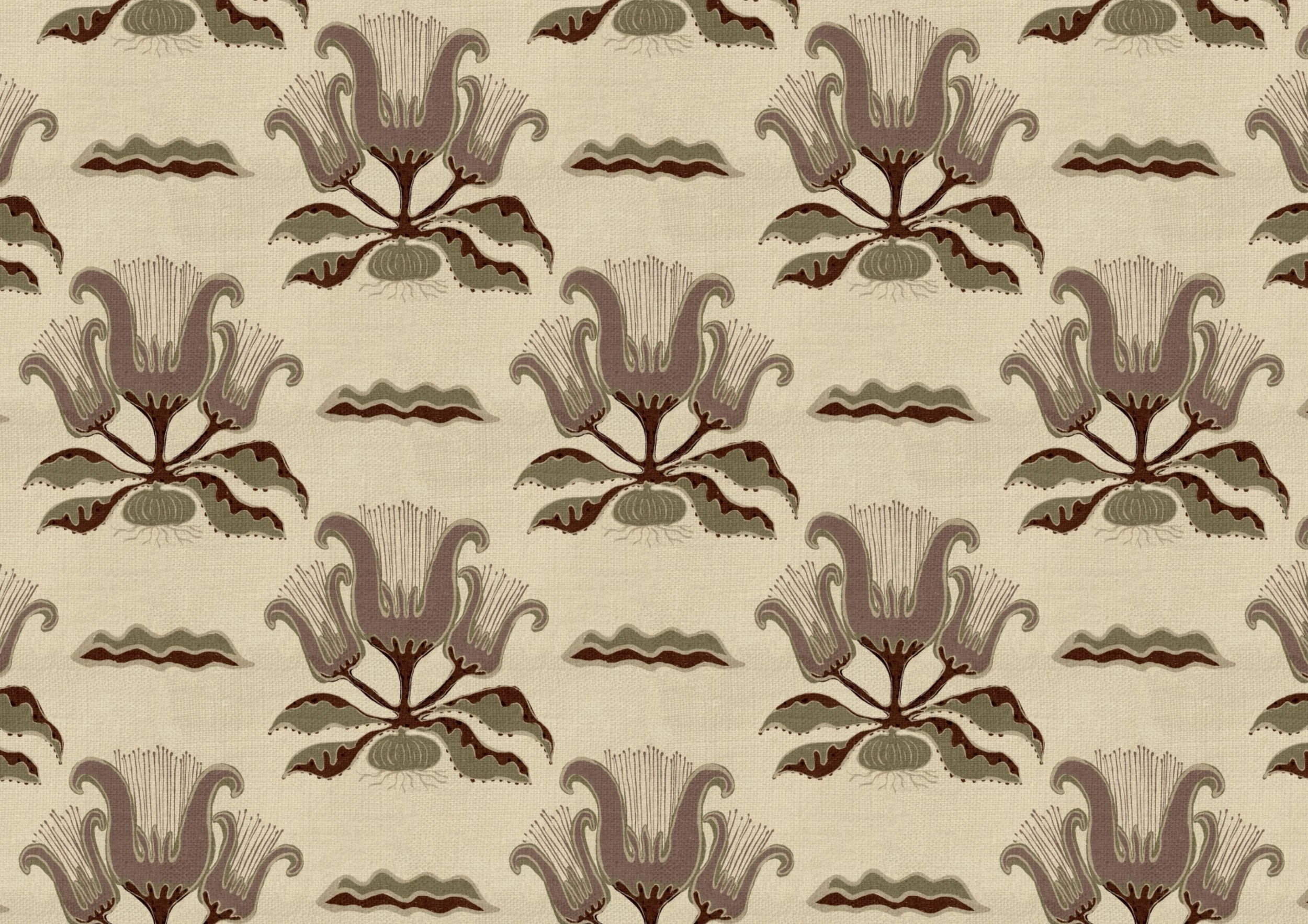 Hand-drawn heritage tulip pattern by Nordic Duck artist Ieva Rudzite, featuring rustic folk florals in burgundy, dusty pink, olive green and cream with vintage block print style and linen texture.