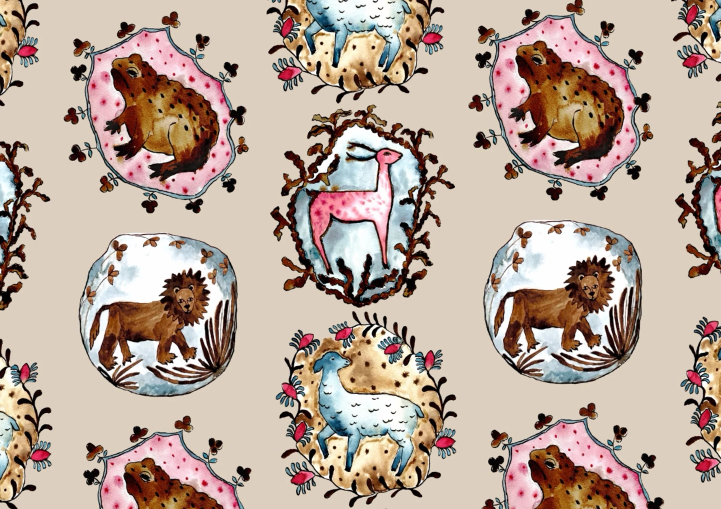 Seamless pattern featuring lions, pink shields with spotted animals, blue and brown deer, and small pink and brown flowers on a beige background.
