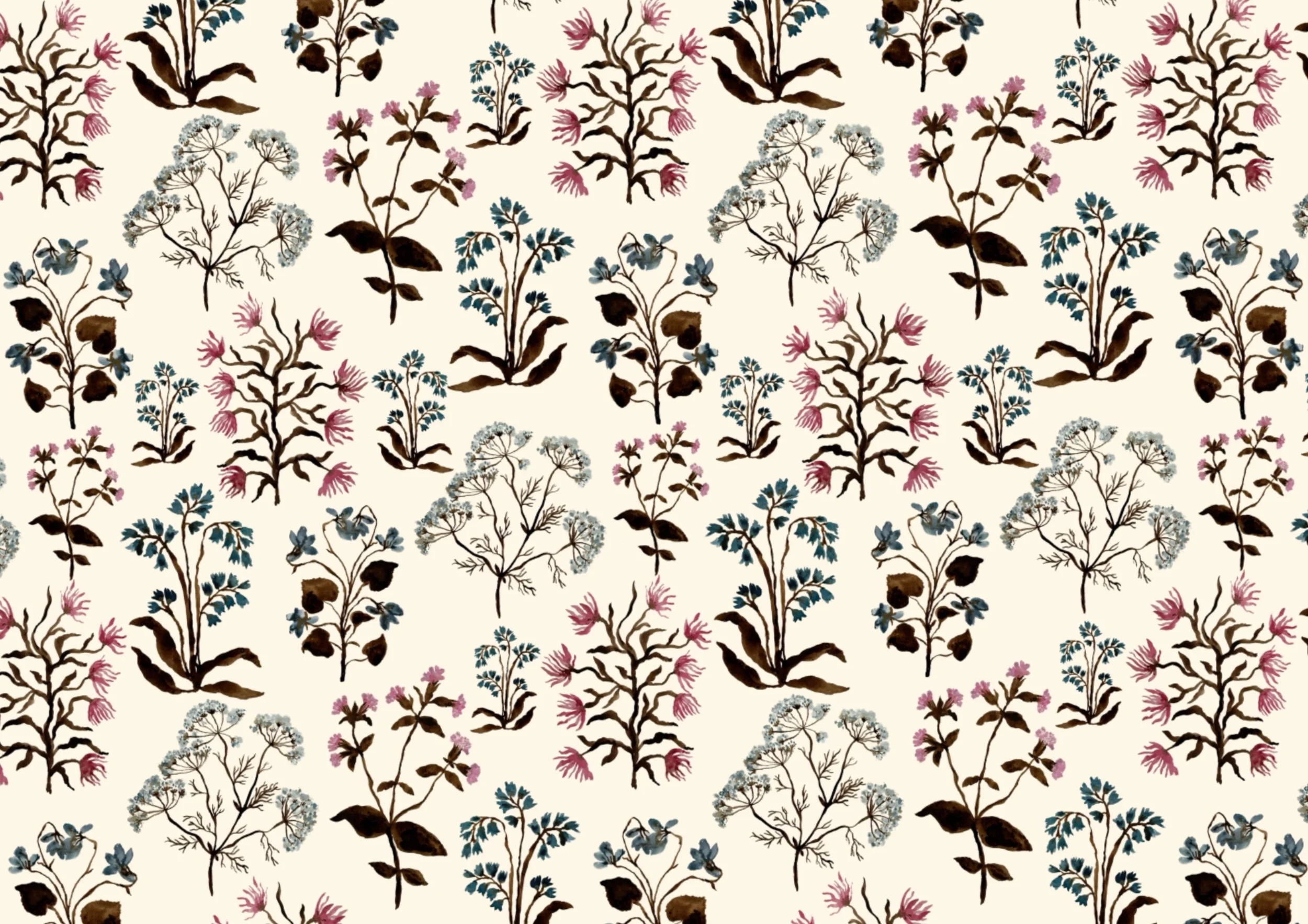 A repeating pattern of floral illustrations on a light background featuring various types of flowers and leaves in shades of pink, blue, brown, and beige.