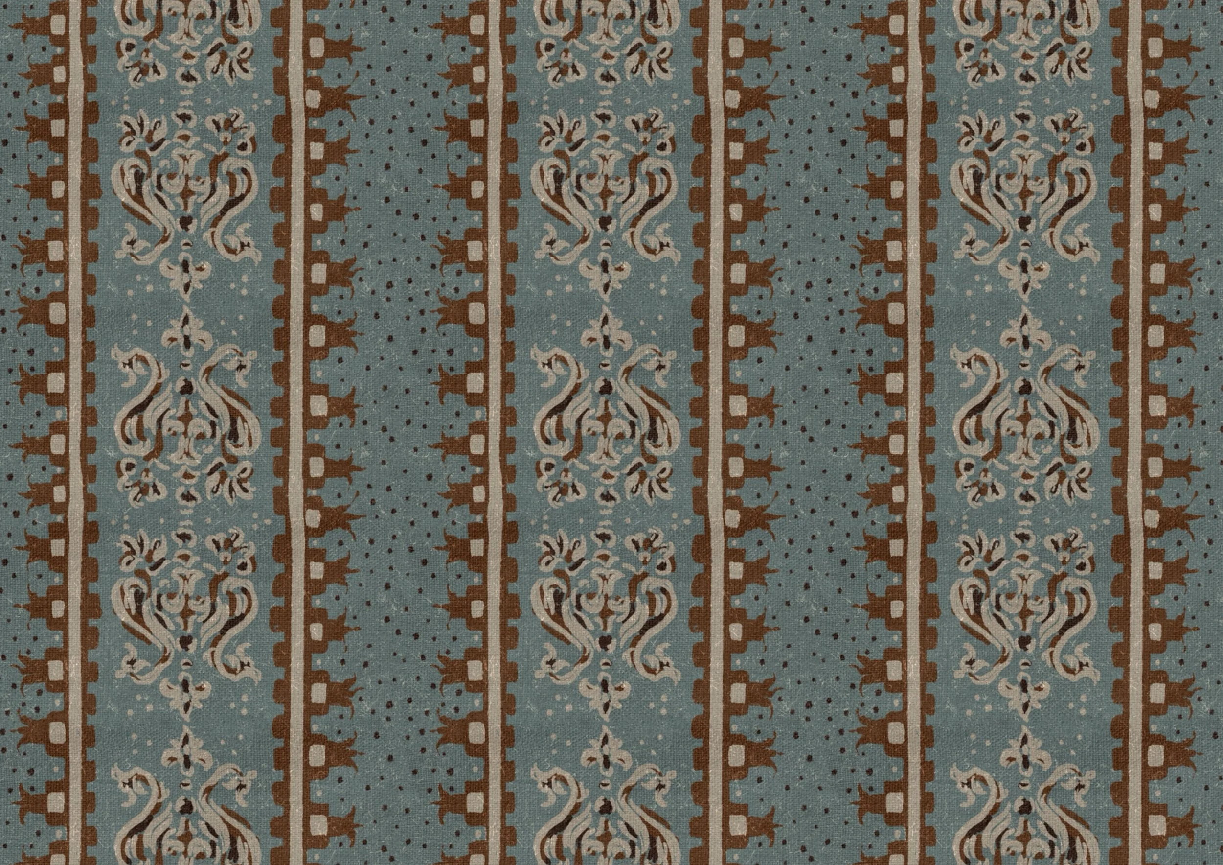 Hand-drawn heritage ornamental stripe in dusty blue, rust brown and cream, inspired by antique carpets and folk textiles by Ieva Rudzite, Nordic Duck, for wallpaper, fabric and interiors.
