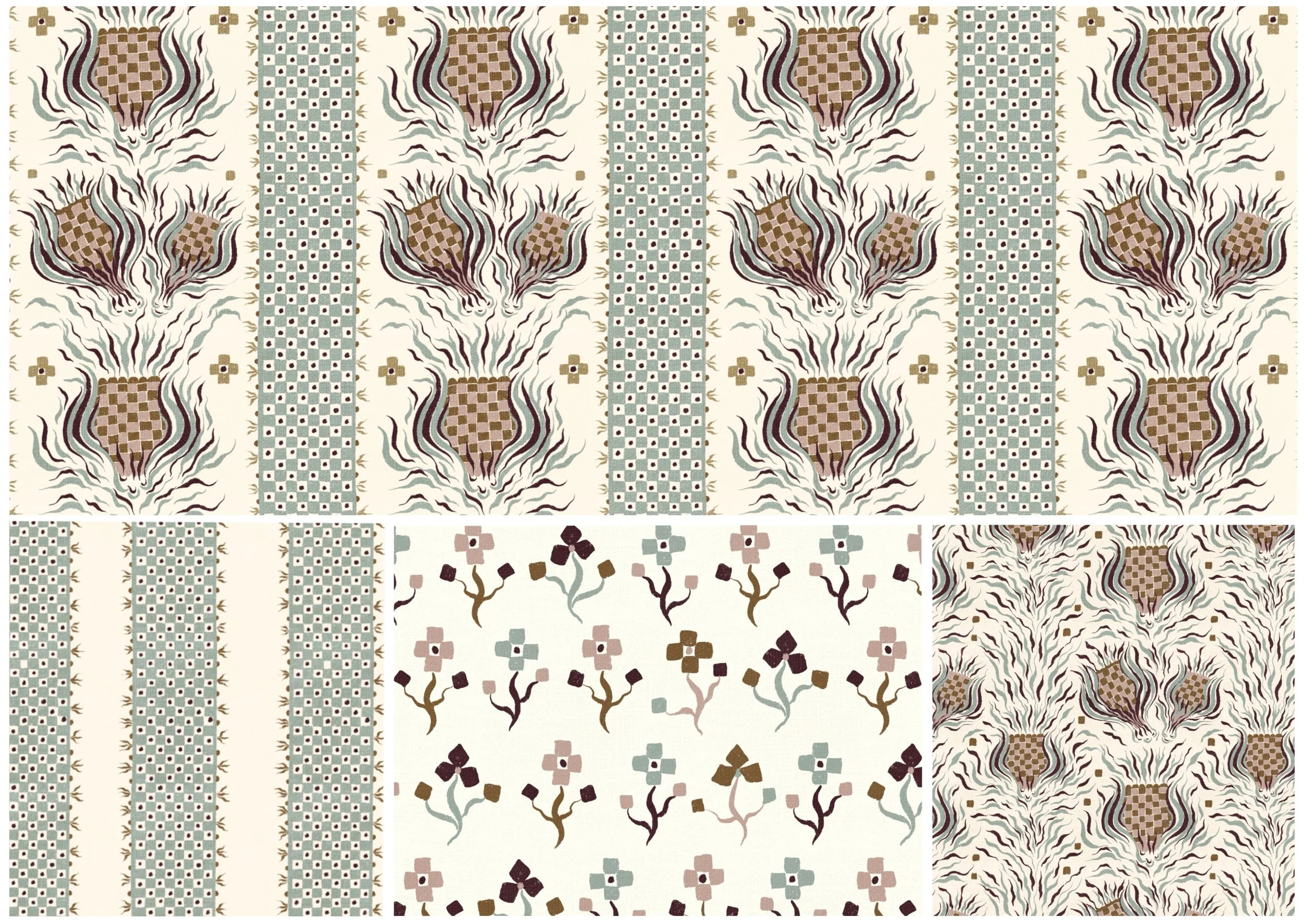 Checker Bloom hand-drawn floral surface pattern collection by Nordic Duck by Ieva Rudzite, featuring stylised flowers, decorative stripes and geometric coordinates in cream, dusty pink, muted blue, brown and burgundy. Folk art, block-print inspired,