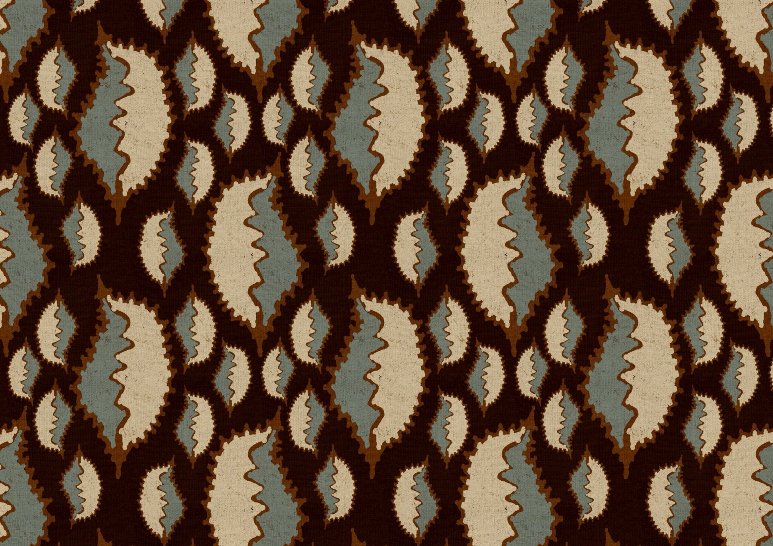 Organic geometric coordinate
Hand-drawn organic geometric surface pattern by Nordic Duck artist Ieva Rudzite, featuring irregular folk-inspired shapes in dark brown, dusty blue and cream with rustic vintage block print style and linen texture.