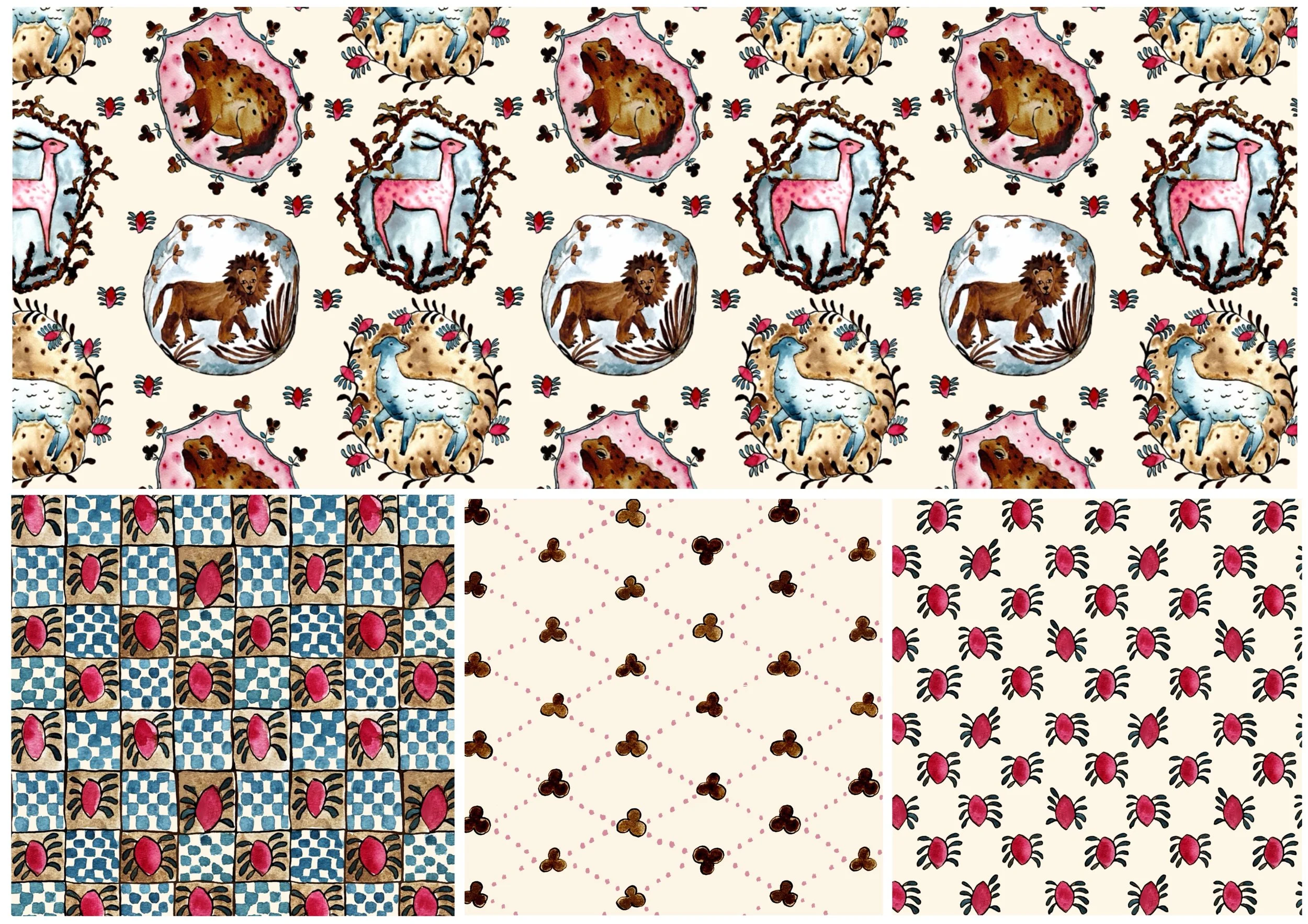 A repeating pattern with animals including lions, giraffes, and hyenas, surrounded by decorative elements like branches, flowers, and geometric shapes, in a watercolor style.