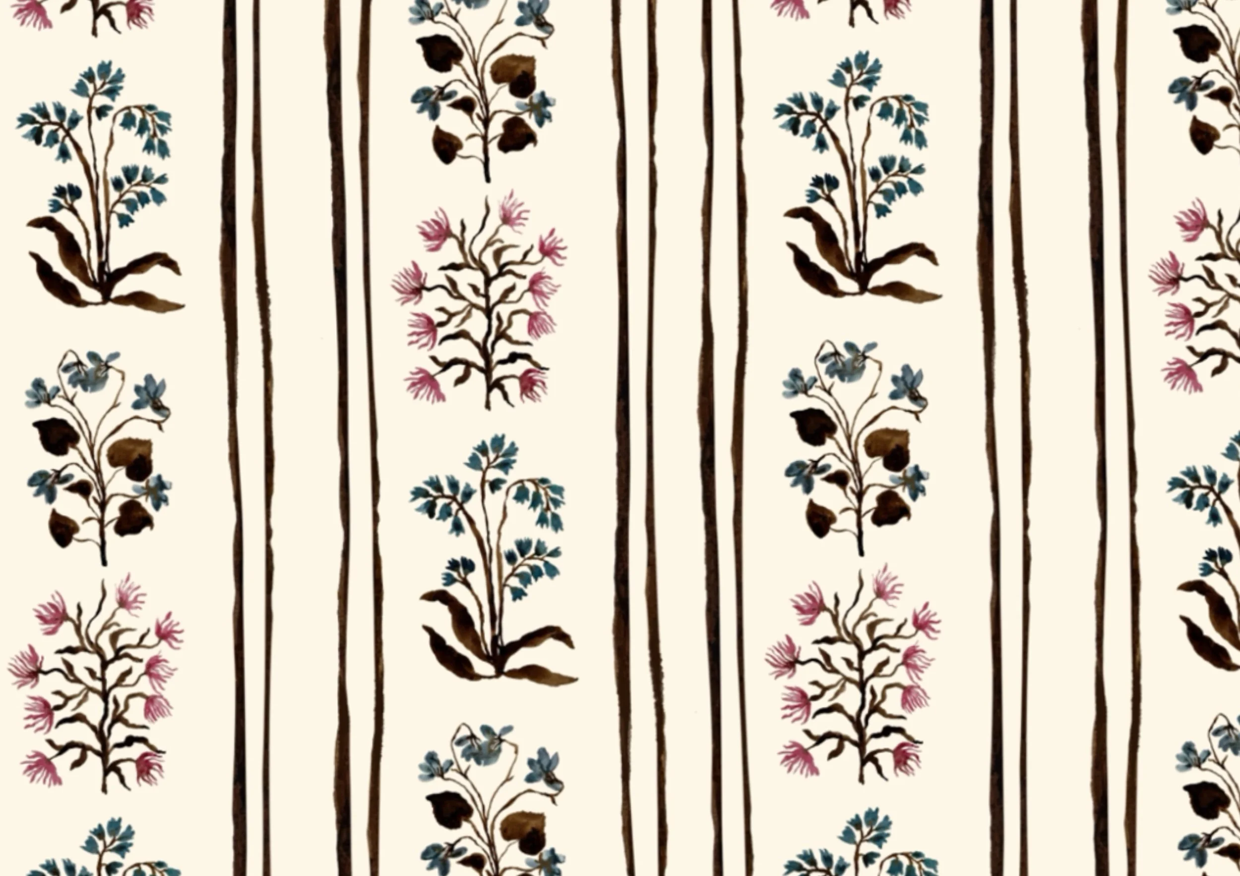 A seamless pattern of stylized botanical illustrations of flowers and leaves on vertical brown stems, with pink, blue, and brown accents on a cream background.
