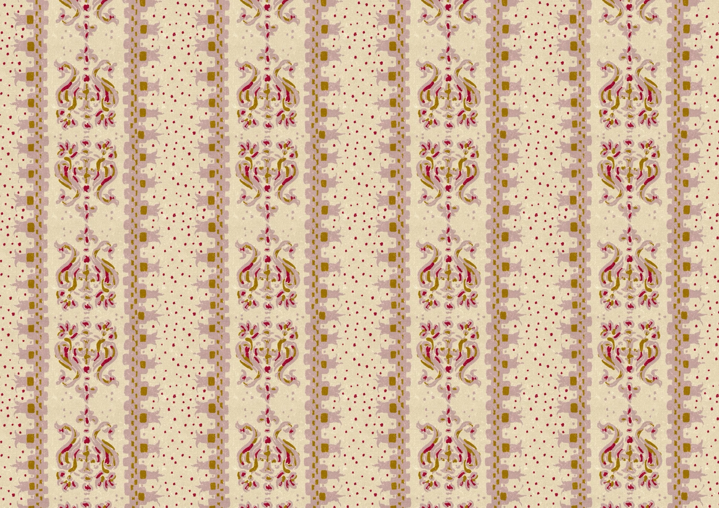 A pattern with vertical stripes featuring floral and geometric motifs in beige, pink, lavender, and brown shades.