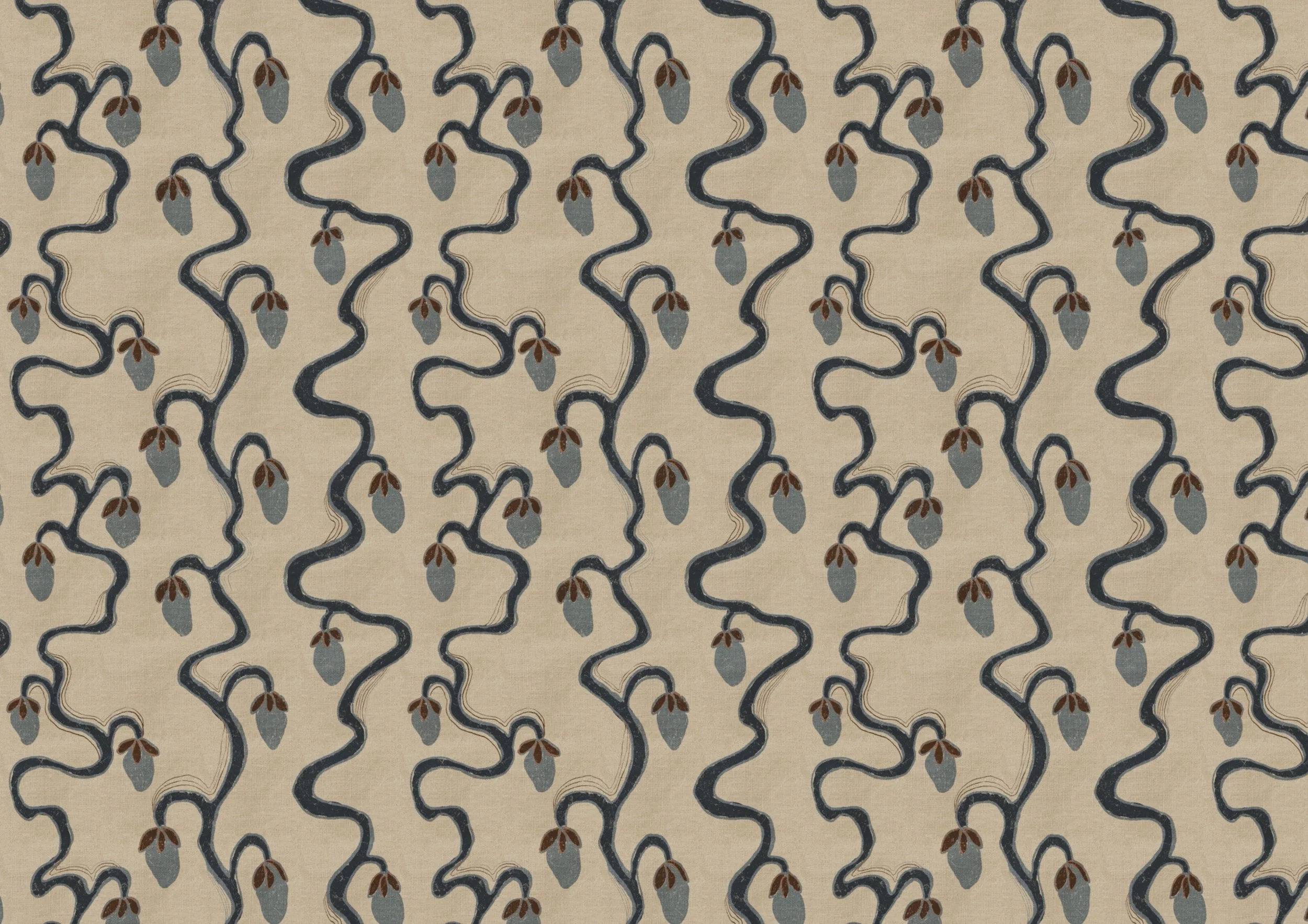 A pattern featuring snakes intertwined with dark brown leaves on a beige background.