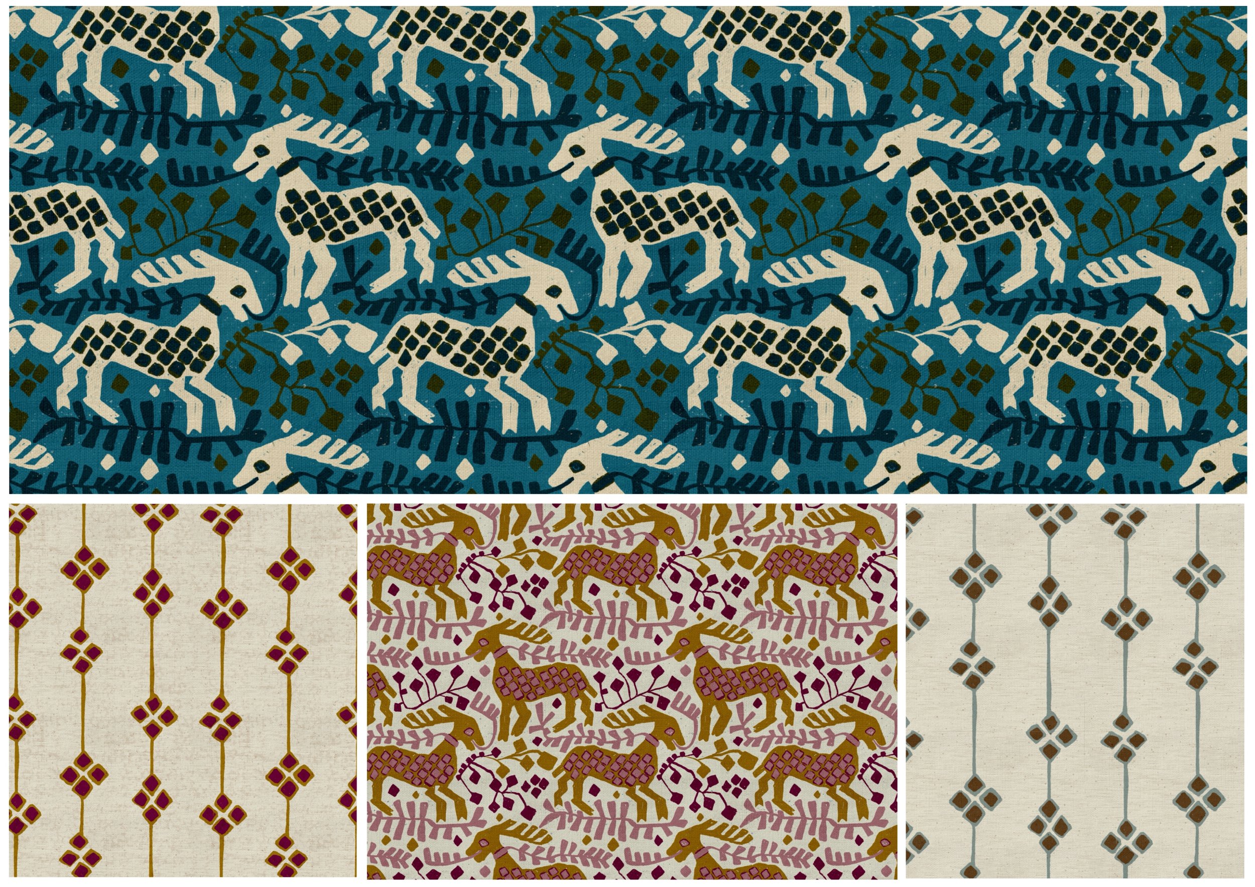 The Animal

The Animal hand-drawn Nordic folk art surface pattern collection by Nordic Duck by Ieva Rudzite, inspired by antique Norwegian tapestries and woven textiles. Stylised animal motifs and geometric coordinates in teal, burgundy, cream and ea
