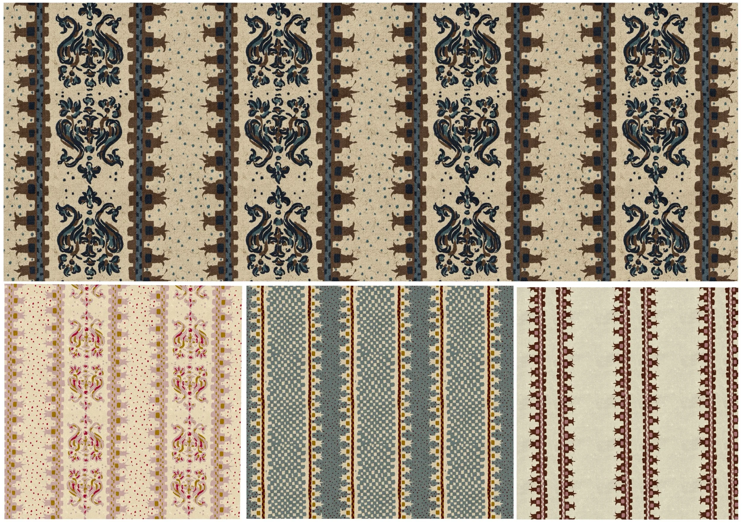 Ornamental Stripe Collection

Hand-drawn heritage ornamental surface pattern collection by Nordic Duck by Ieva Rudzite, featuring antique-inspired florals, decorative vertical stripes and geometric details in navy blue, cream, brown, muted pink and s