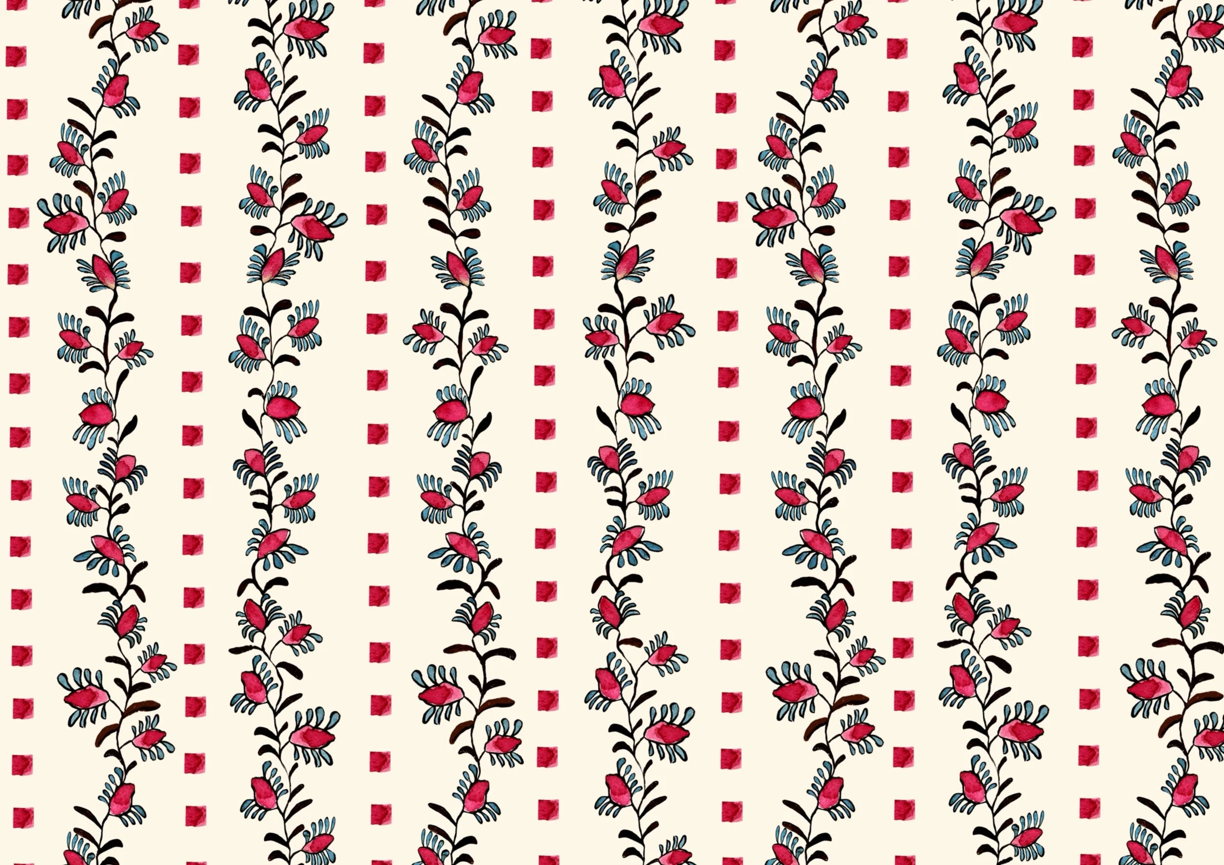 A repeating floral pattern featuring pink flowers with black stems and blue accents, arranged in vertical columns on a white background with red square motifs.