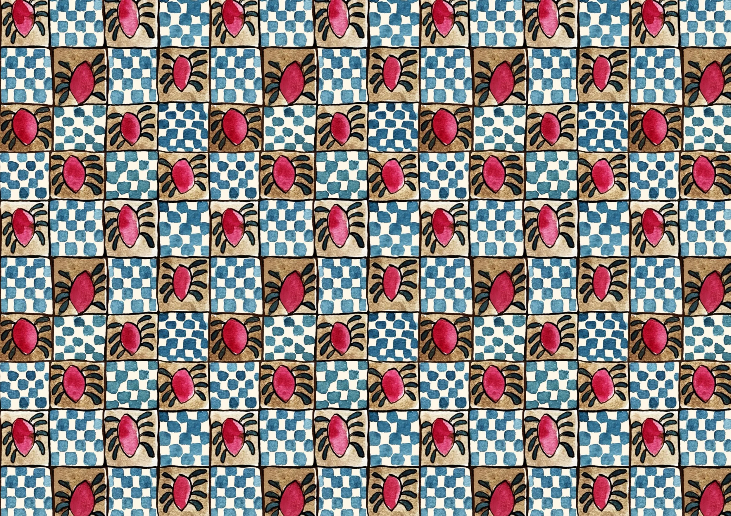 Pattern of red crabs on a tan background, separated by blue and white checkered squares.