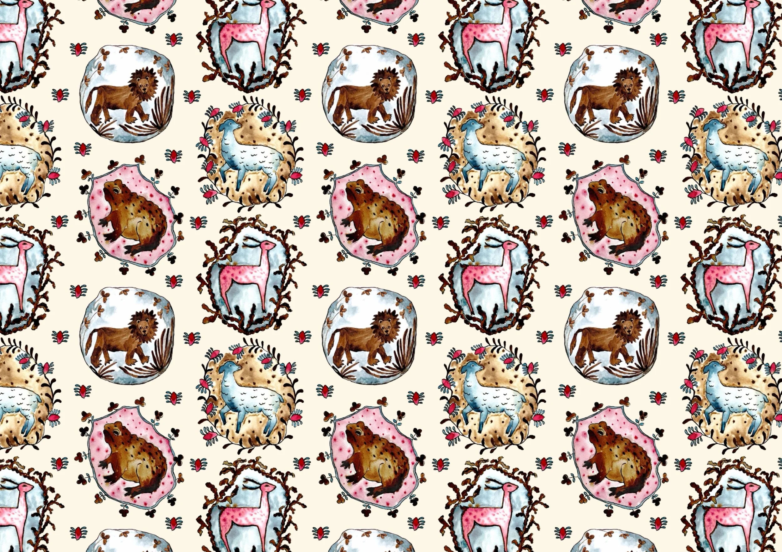 Pattern with various animals including lions, cheetahs, llamas, and giraffes, surrounded by decorative leaves, branches, and small butterflies.
