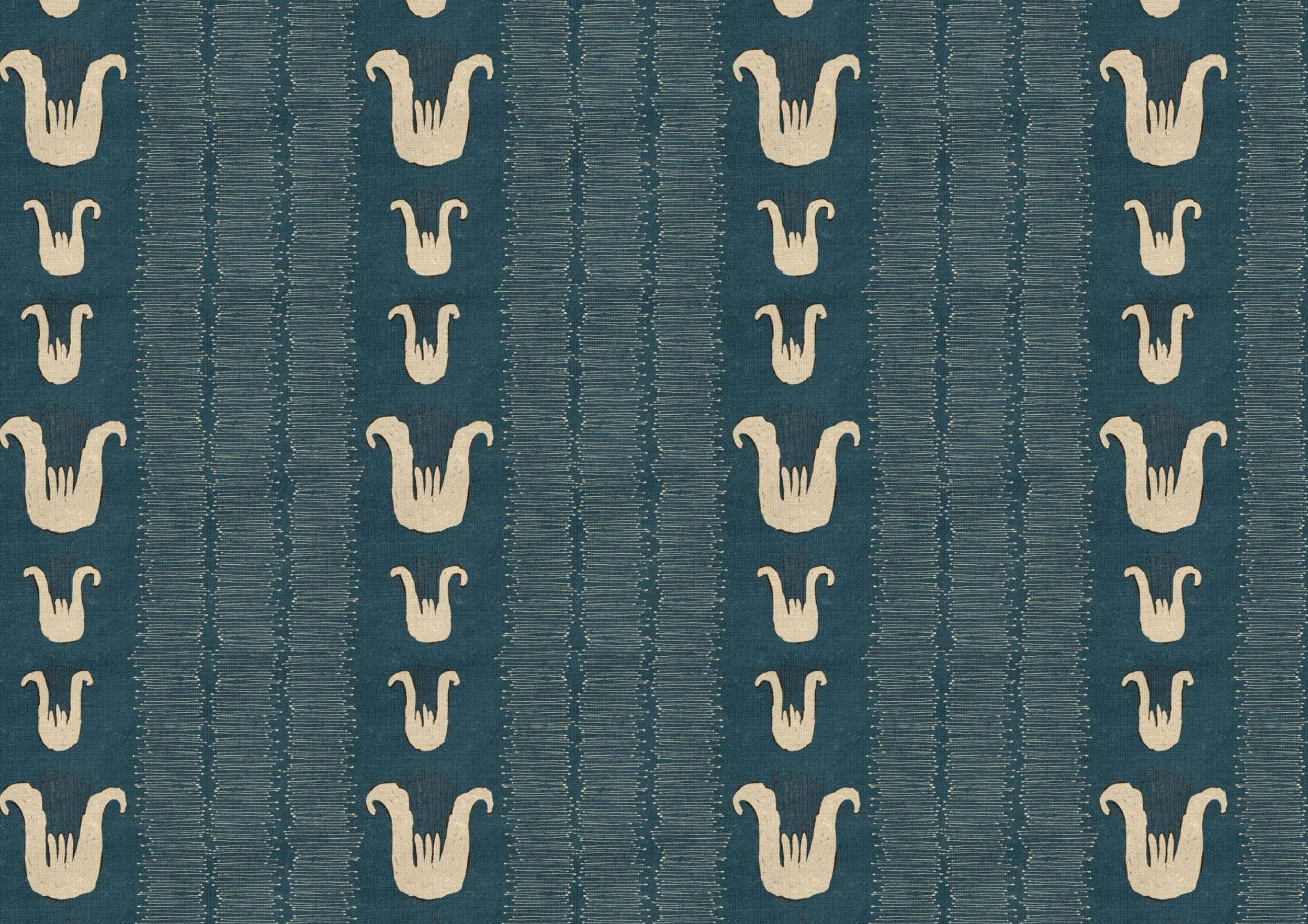 Tulip stripe design
Rustic folk tulip stripe pattern by Nordic Duck artist Ieva Rudzite, hand-drawn in a heritage vintage block print style with linen texture in dark teal and cream.