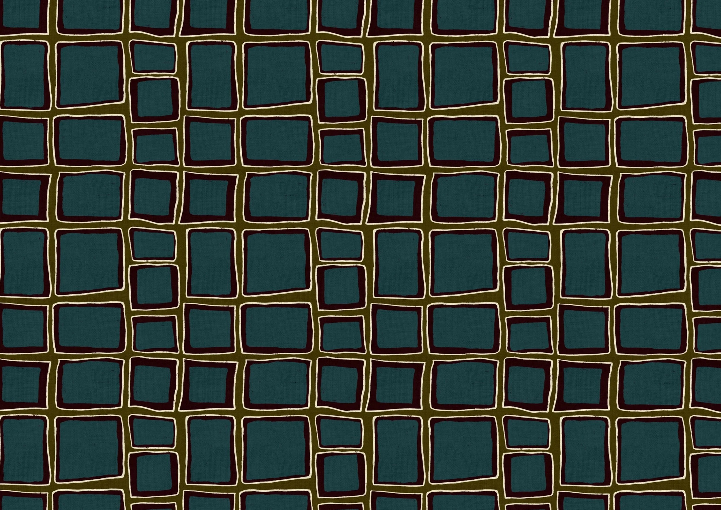 A patterned fabric with a grid of green squares outlined in black, set against a dark background.