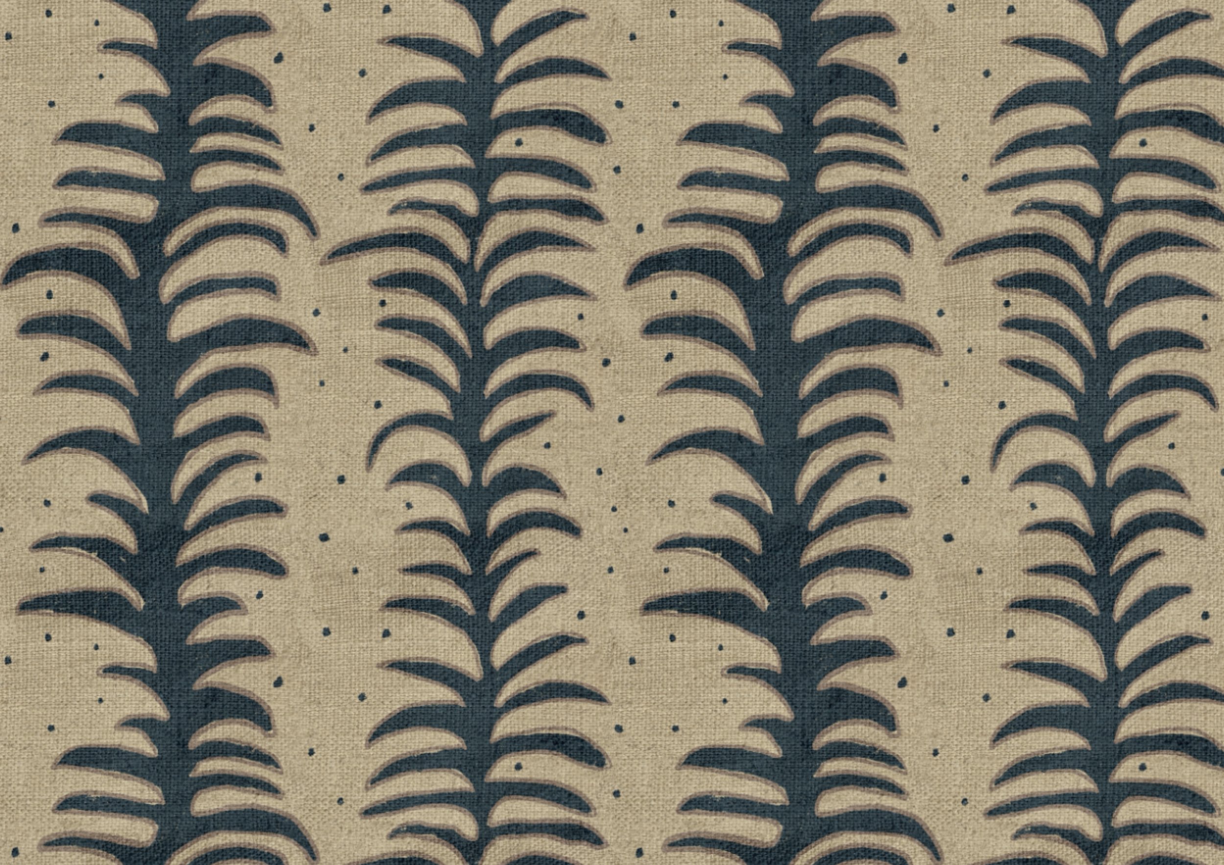 A fabric with a repeating pattern of navy blue stylized leaves or arches on a beige background, with small scattered dots.
