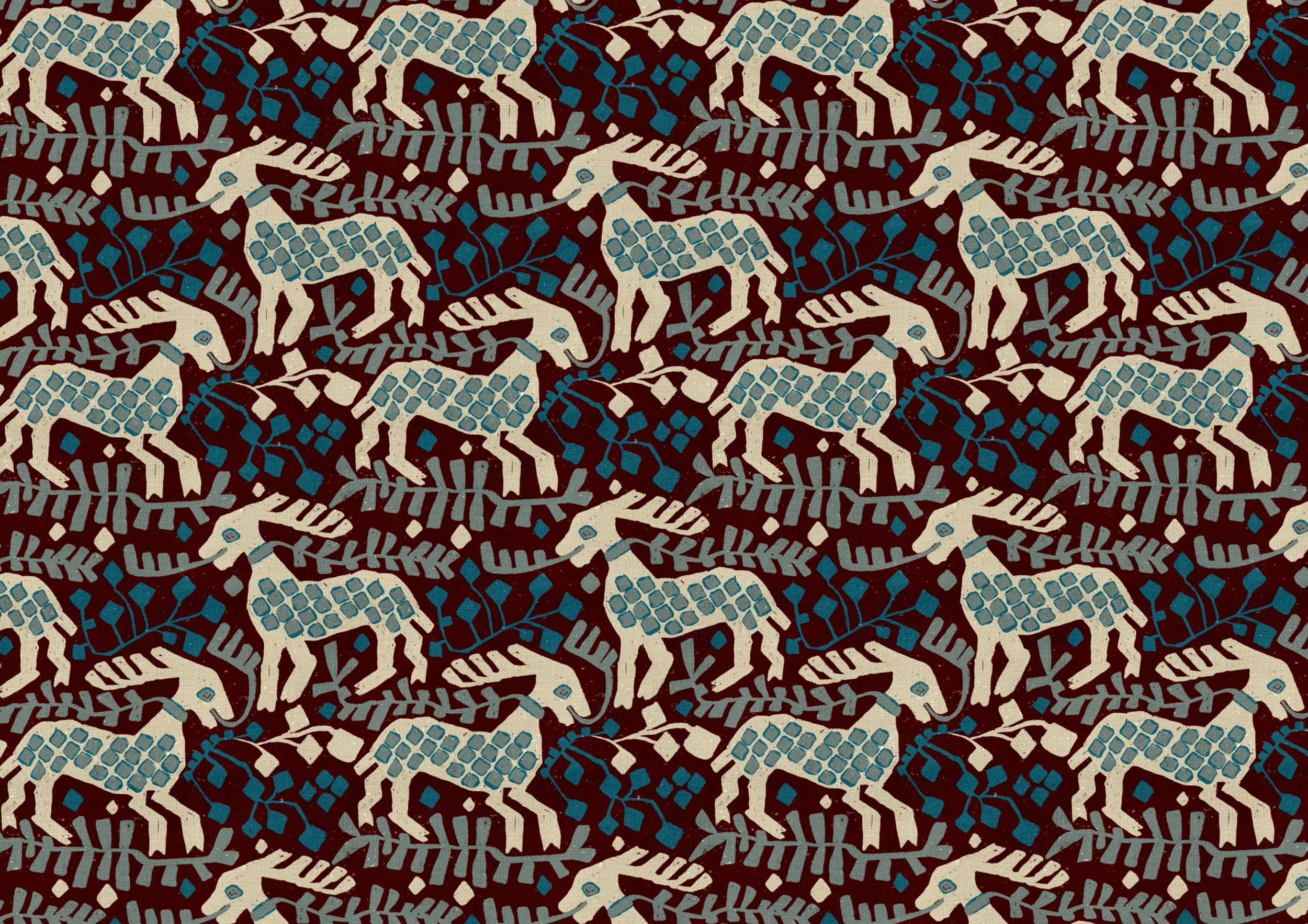 Animal design

Nordic folk animal surface pattern design by Nordic Duck by Ieva Rudzite, inspired by antique Norwegian tapestry and woven wool textiles. Stylised animals in burgundy, blue, cream and brown with rustic heritage texture for wallpaper, u