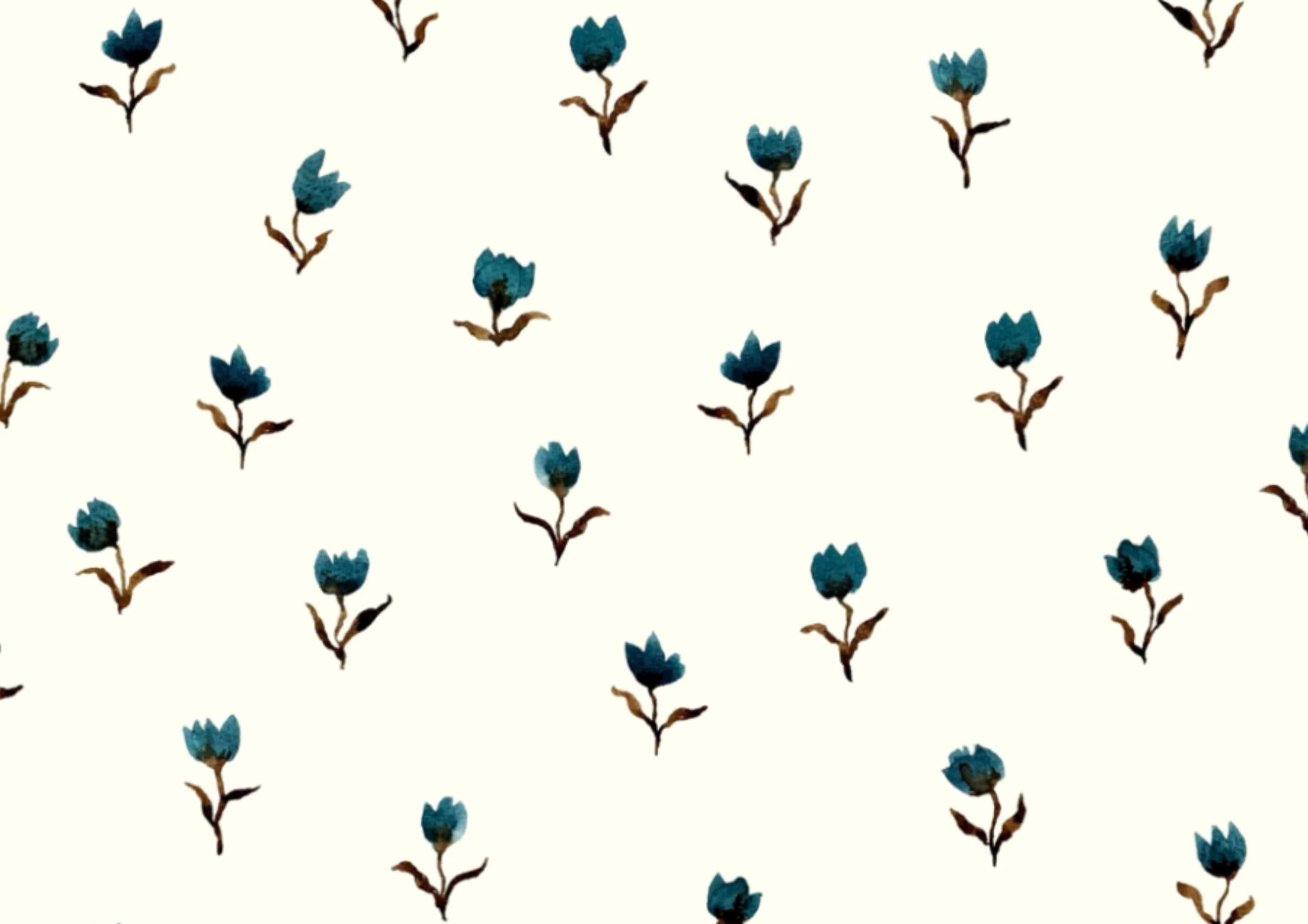 Pattern of small blue flowers with brown stems on a light background.