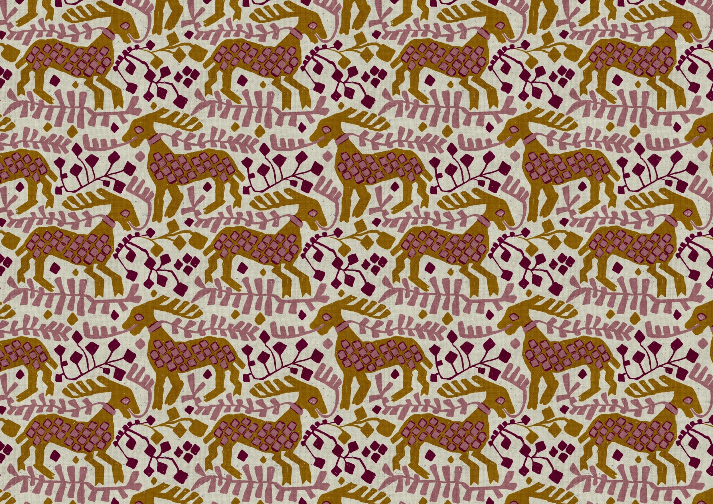 Nordic folk animal surface pattern by Nordic Duck by Ieva Rudzite, inspired by antique Norwegian tapestry and woven textiles. Stylised animals in ochre, burgundy, dusty pink and cream for wallpaper, textiles, upholstery and interiors, available to th