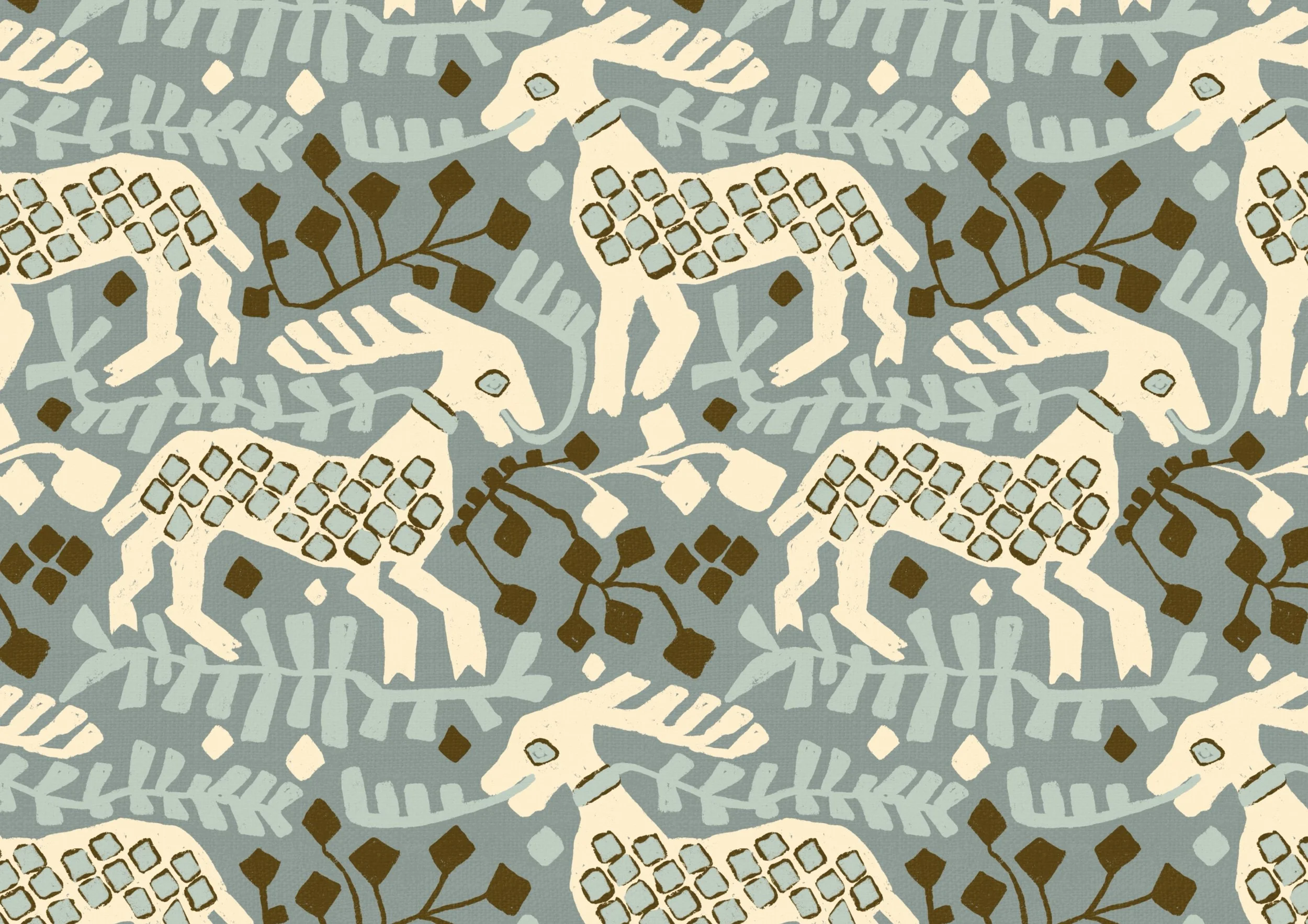 Nordic folk animal surface pattern by Nordic Duck by Ieva Rudzite, inspired by antique Norwegian tapestry and woven textiles. Stylised animals in soft blue, cream and earthy brown for wallpaper, textiles, upholstery and interiors, available to the US