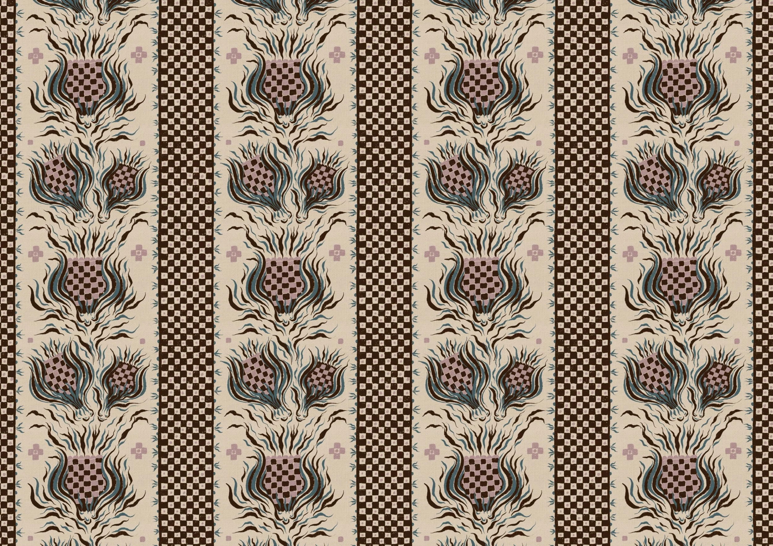 Checker Bloom hand-drawn floral stripe pattern by Nordic Duck by Ieva Rudzite, featuring stylised folk flowers and geometric checker details in cream, brown, dusty pink and muted blue. Rustic heritage and vintage textile style artwork for wallpaper,
