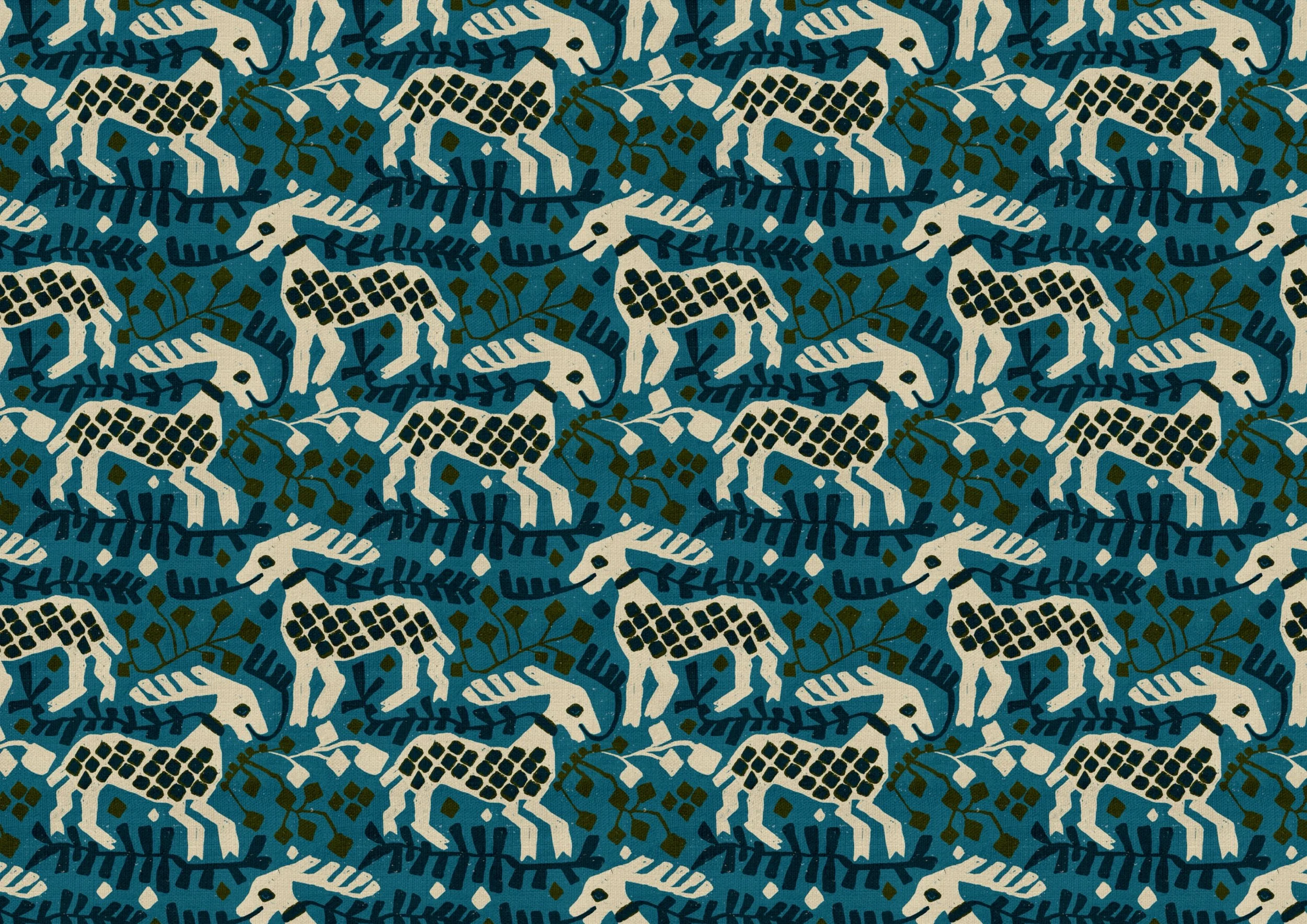 Nordic Folk Animal Pattern

Hand-drawn Nordic folk animal surface pattern by Nordic Duck by Ieva Rudzite, inspired by antique Norwegian tapestries and traditional woven textiles, featuring stylised animals in deep teal, blue, cream and earthy brown.