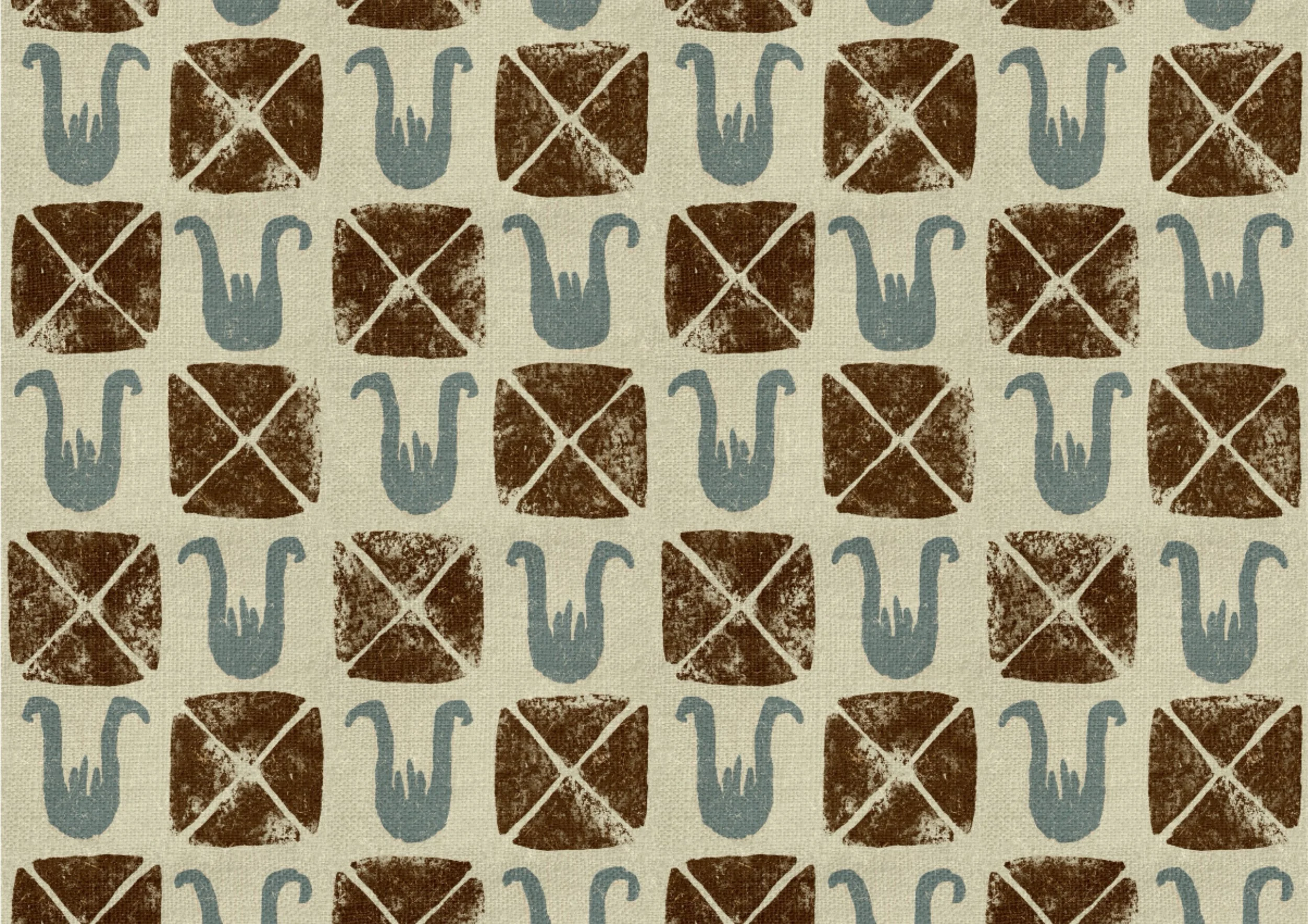 Rustic folk tulip geometric surface pattern by Nordic Duck artist Ieva Rudzite, featuring hand-drawn blue tulips and brown geometric squares in a vintage block print style with linen texture.