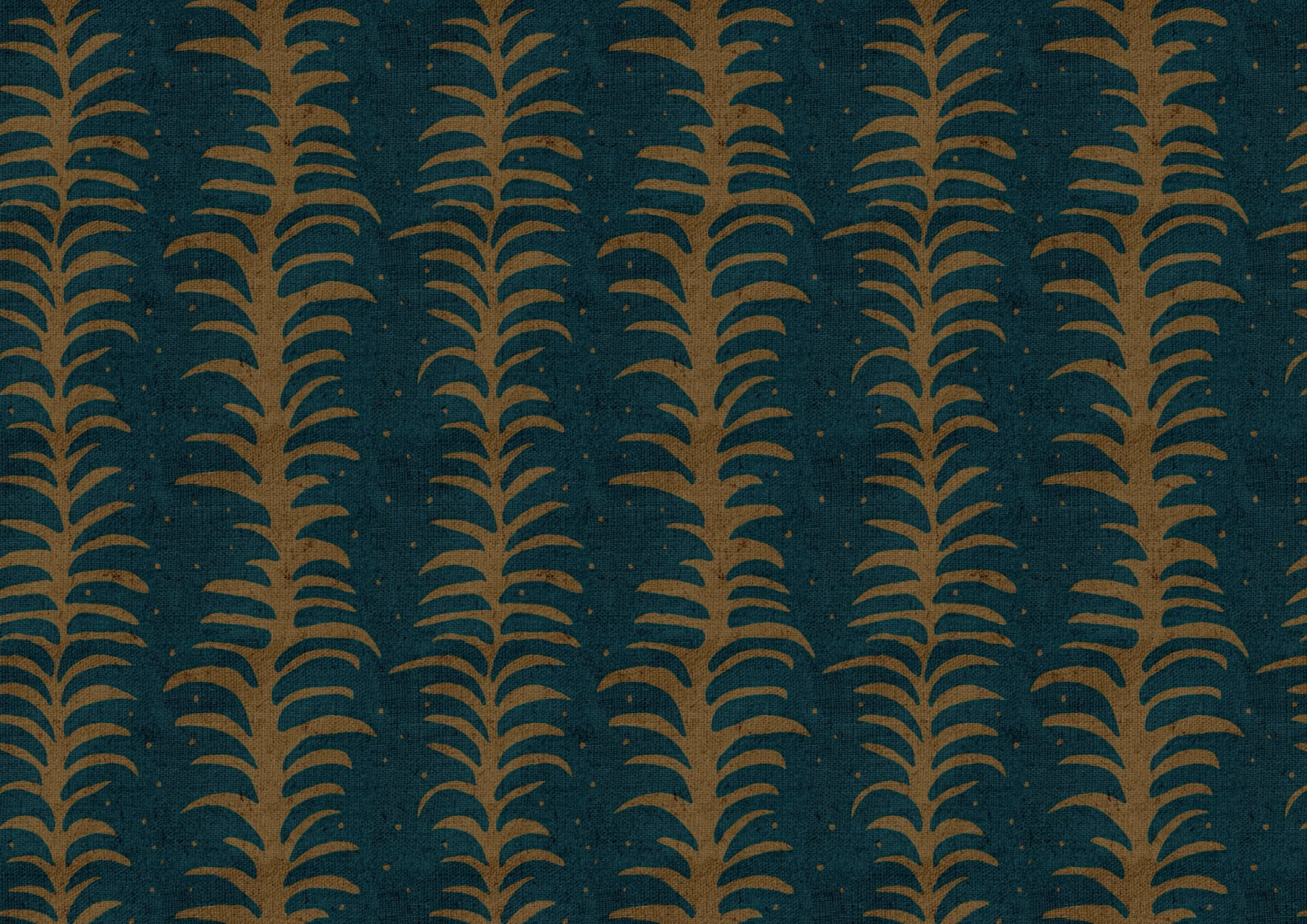 A patterned design with teal background and tan-colored leaf-like shapes arranged in a repeating pattern.