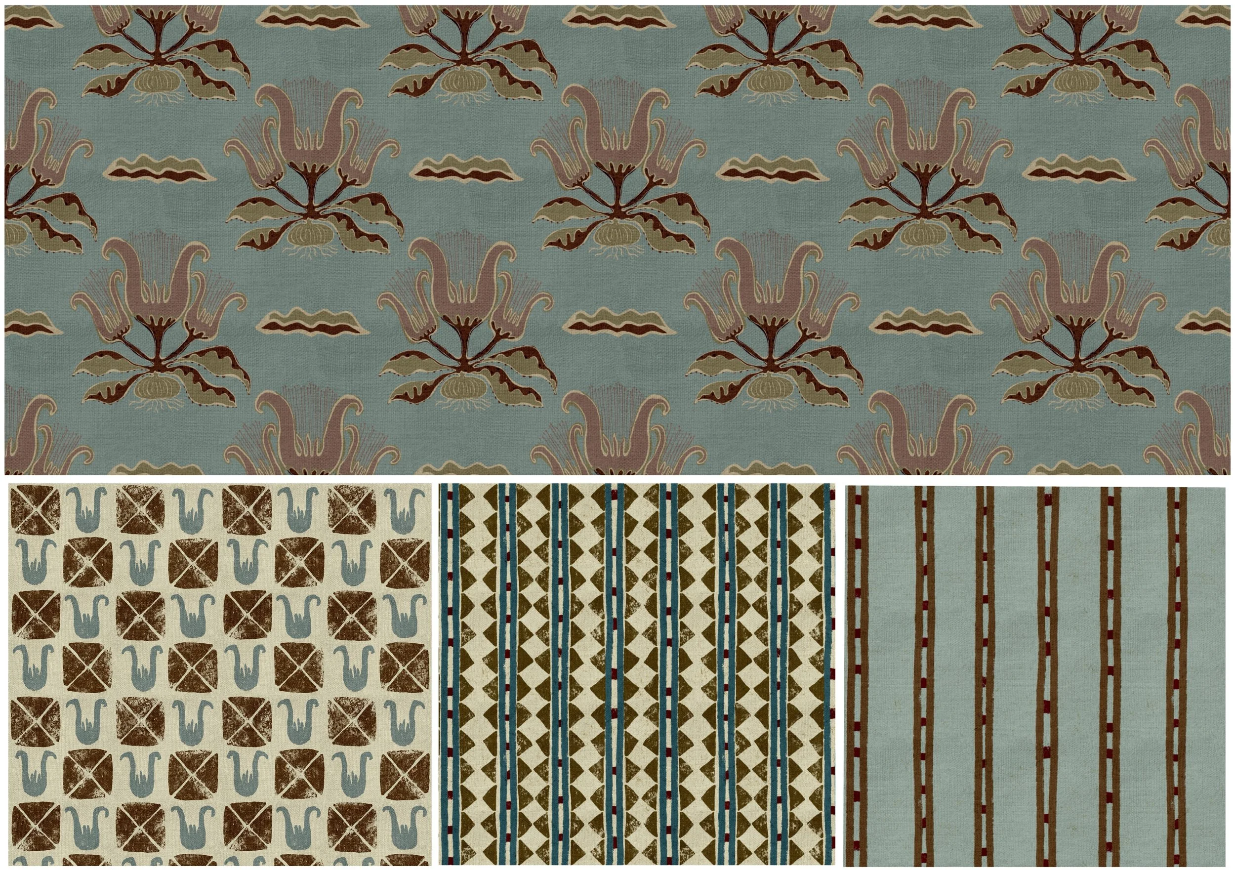 Hand-drawn folk tulip surface pattern collection by Nordic Duck artist Ieva Rudzite, inspired by vintage block print style with rustic florals, checkers, stripes and geometric coordinates for wallpaper and textiles