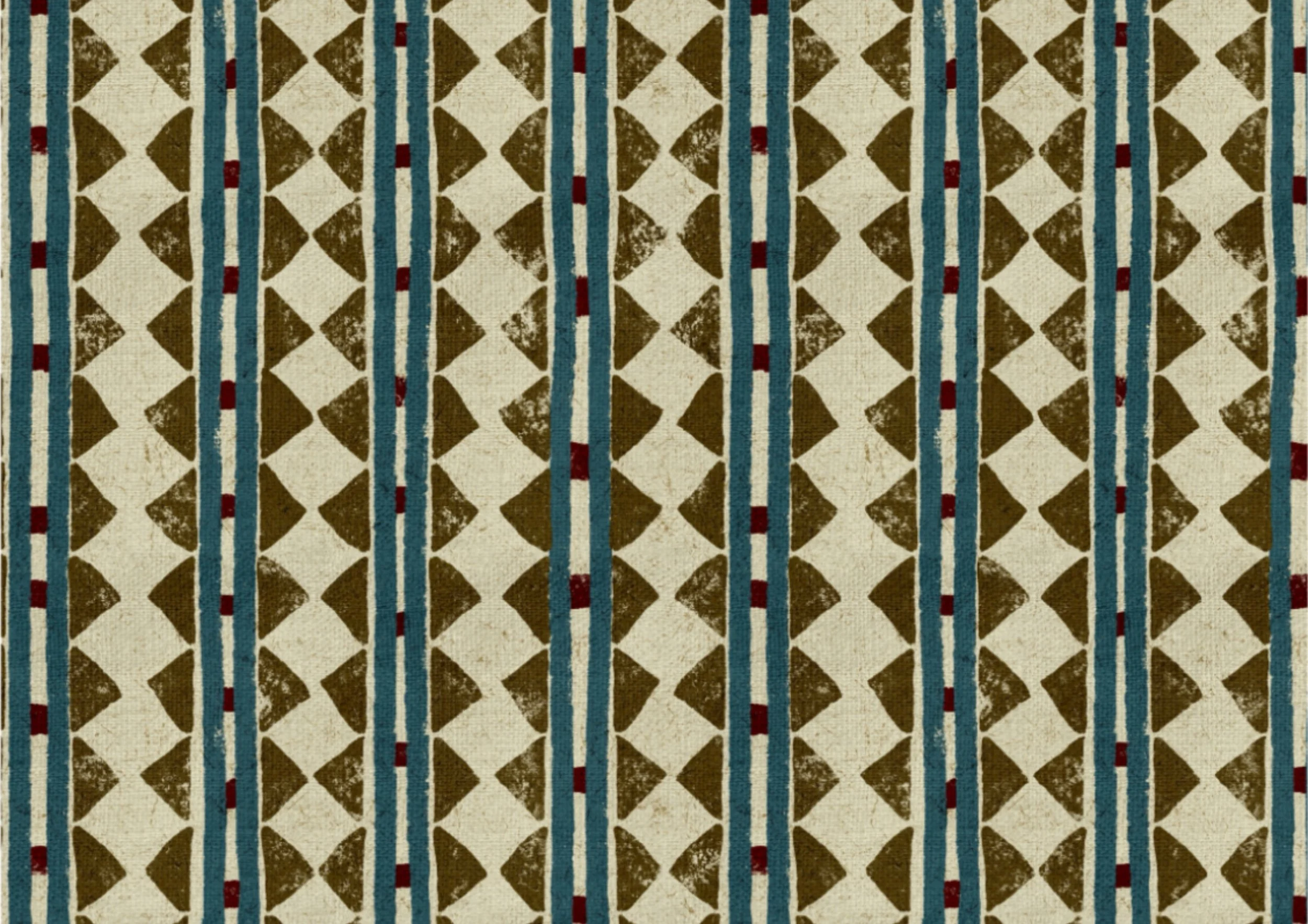 Geometric stripe coordinate
Hand-drawn geometric stripe surface pattern by Nordic Duck artist Ieva Rudzite, featuring rustic diamond shapes and narrow stripes in brown, dusty blue, burgundy and cream with vintage block print style and linen texture.