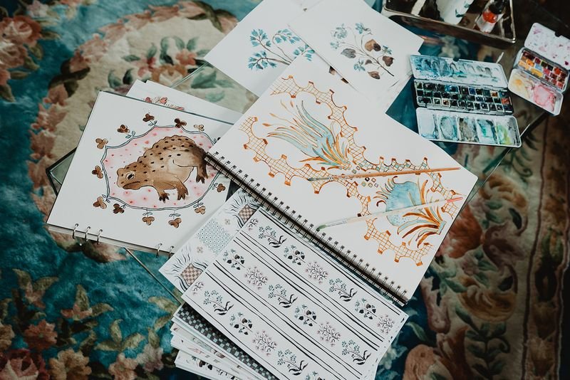 Sketchbooks and artwork

Hand-drawn sketchbooks and original ink and watercolor artwork by Ieva Rudzite of Nordic Duck, showing her creative process for heritage-inspired wallpaper, textile and surface pattern designs.