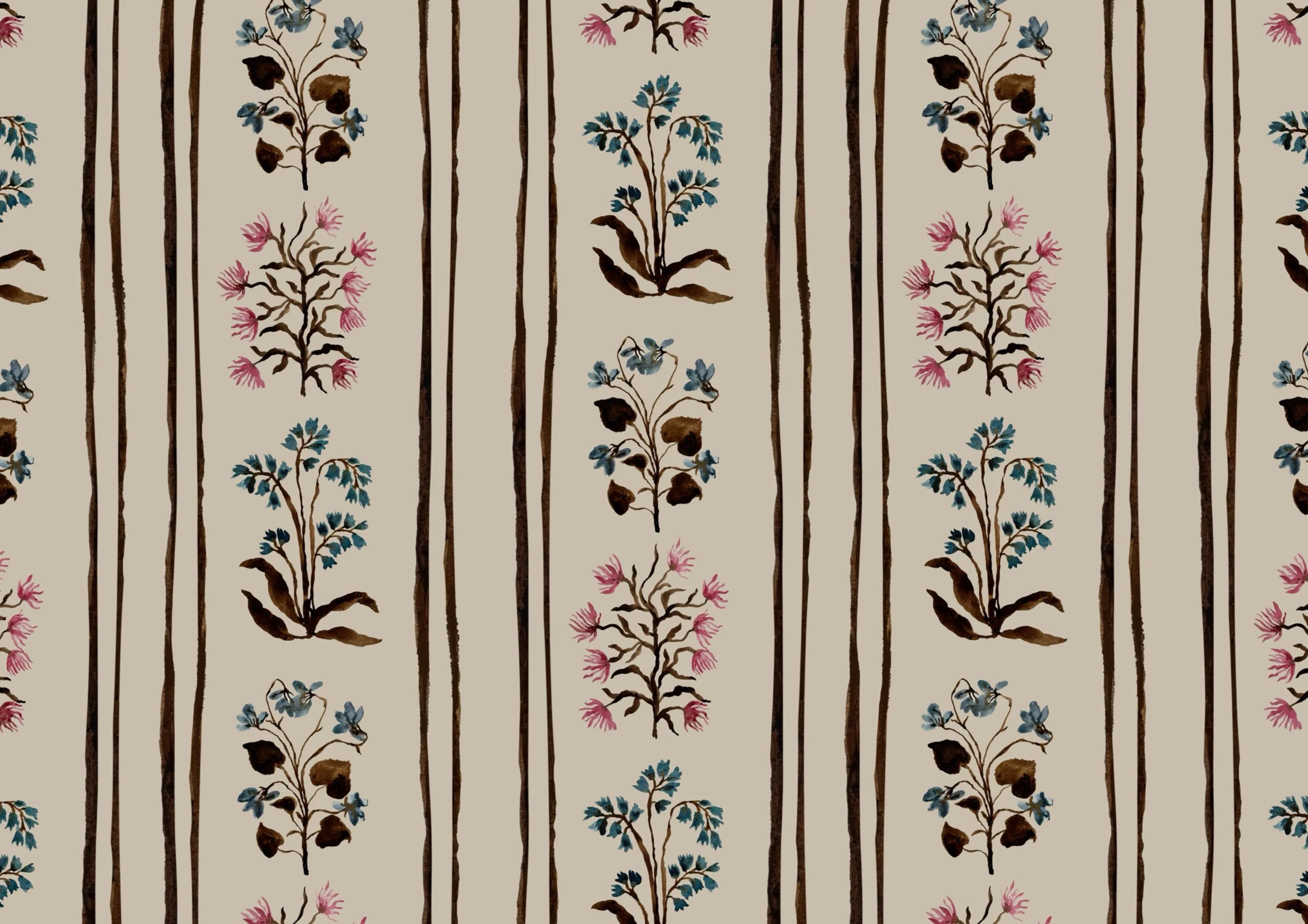 A repeating pattern of painted floral design featuring small pink and blue flowers with brown stems and vertical stripes resembling tree trunks or branches on a light beige background.