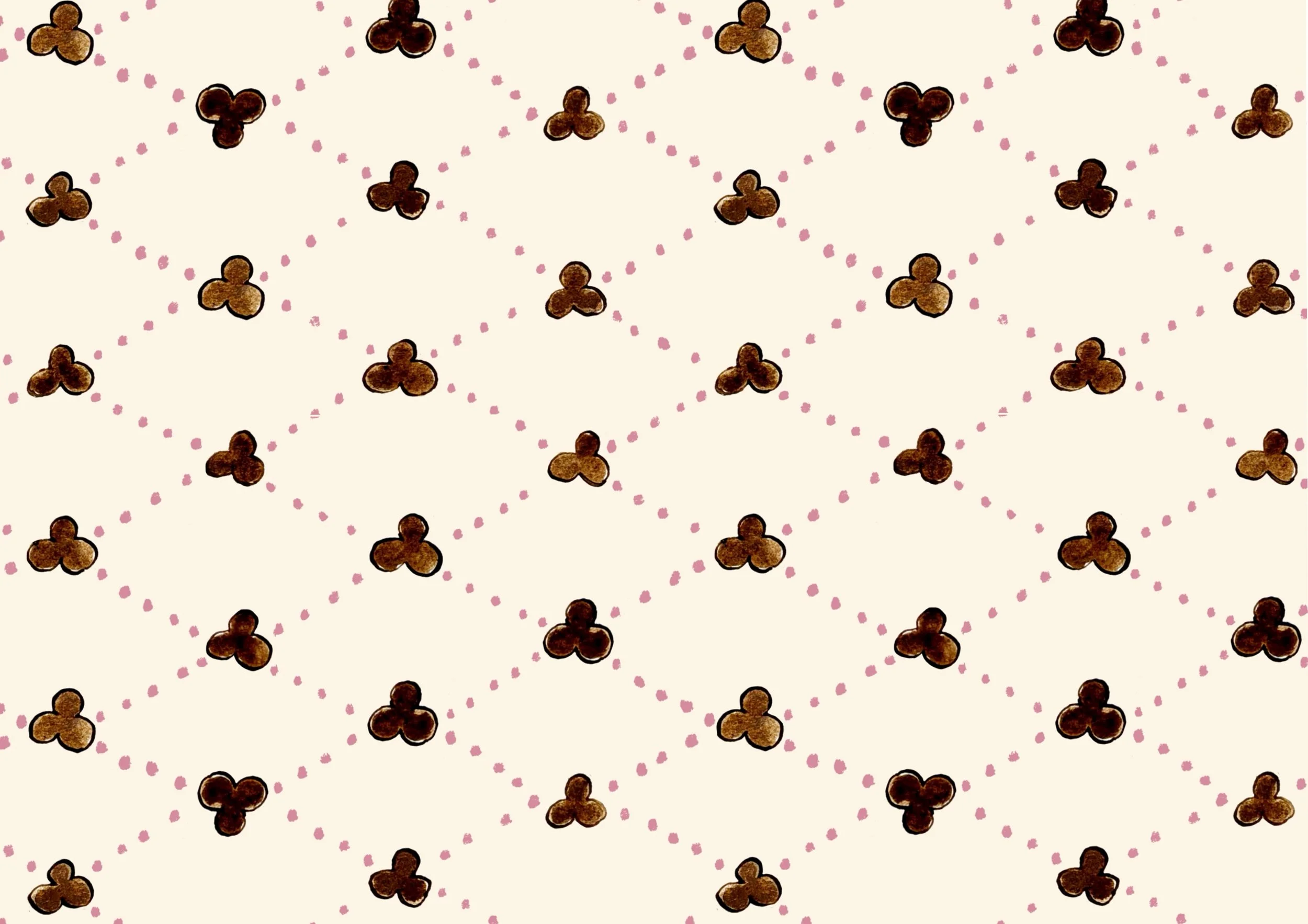 Pattern of small, brown, four-leaf shapes connected by pink dotted lines on a cream-colored background.