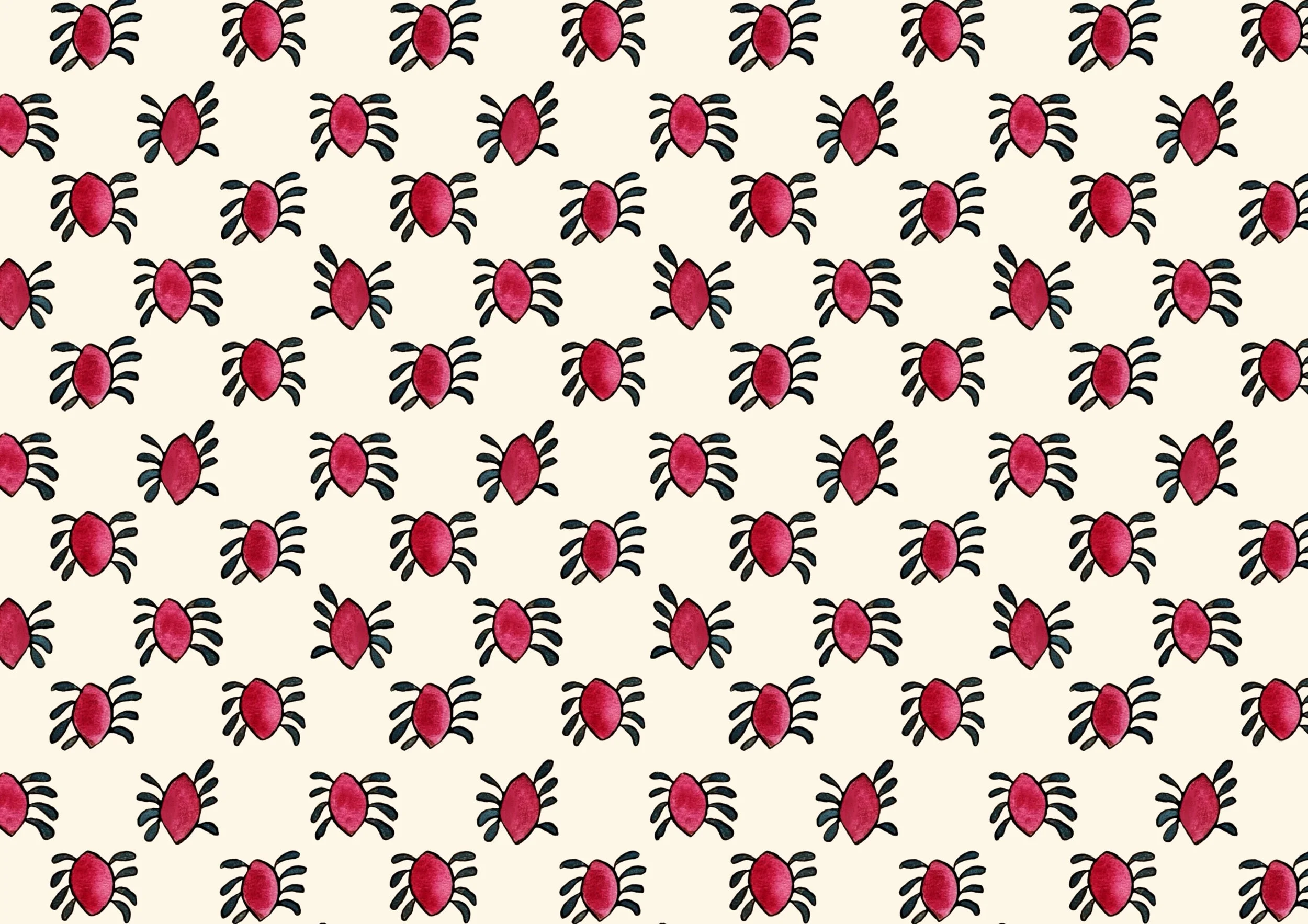 Pattern of red and black stylized bugs on a beige background.