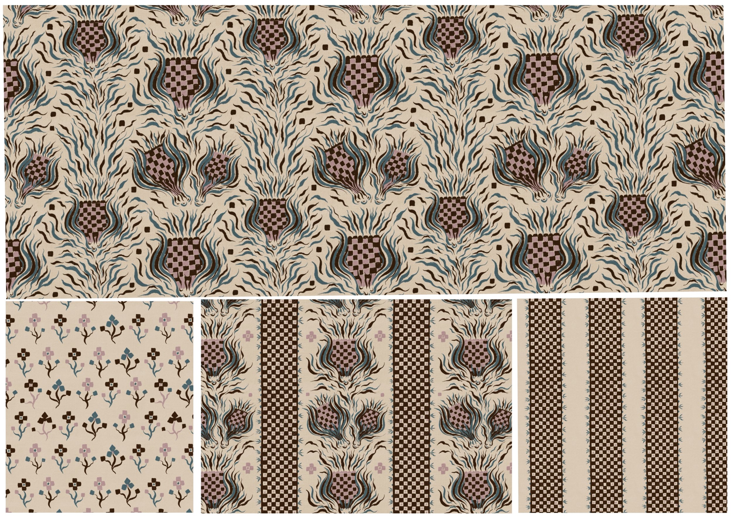 Checker Bloom hand-drawn folk floral surface pattern collection by Nordic Duck by Ieva Rudzite, featuring a statement floral hero design with striped, geometric and small floral coordinates in cream, brown, dusty pink and muted blue. Rustic heritage