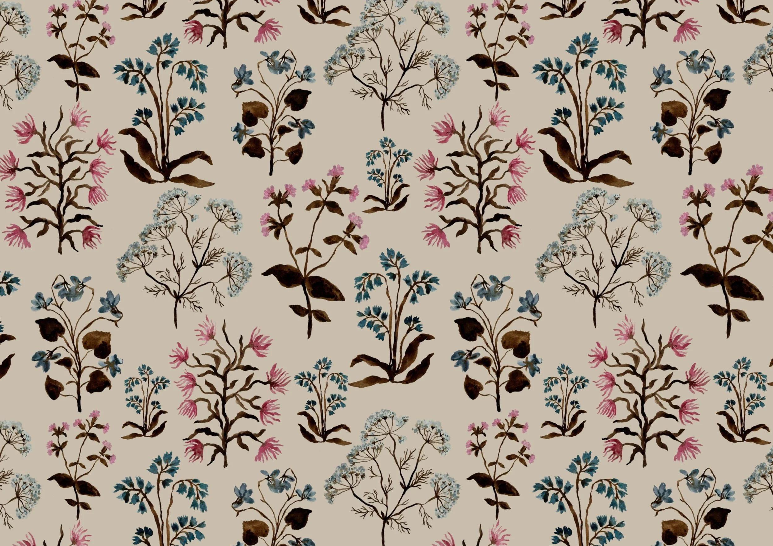 A seamless floral pattern with stylized flowers and leaves in shades of pink, blue, and brown on a beige background.