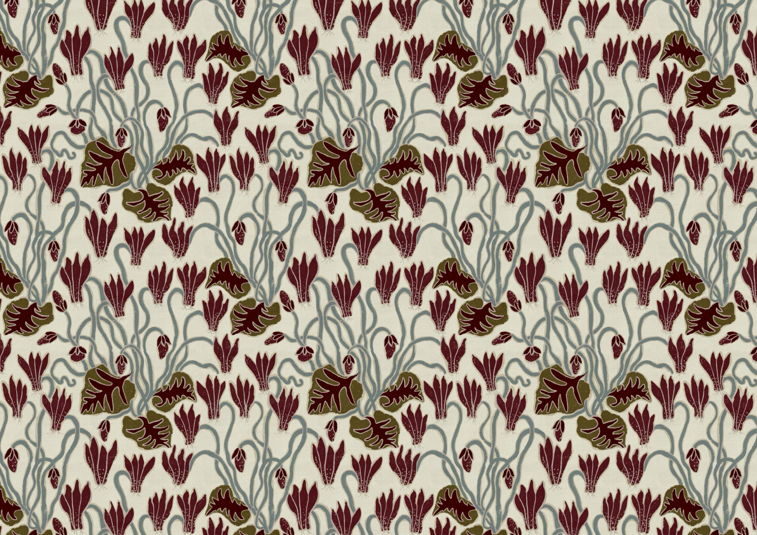 A floral patterned fabric with maroon flowers, green leaves, and light blue stems on an off-white background.
