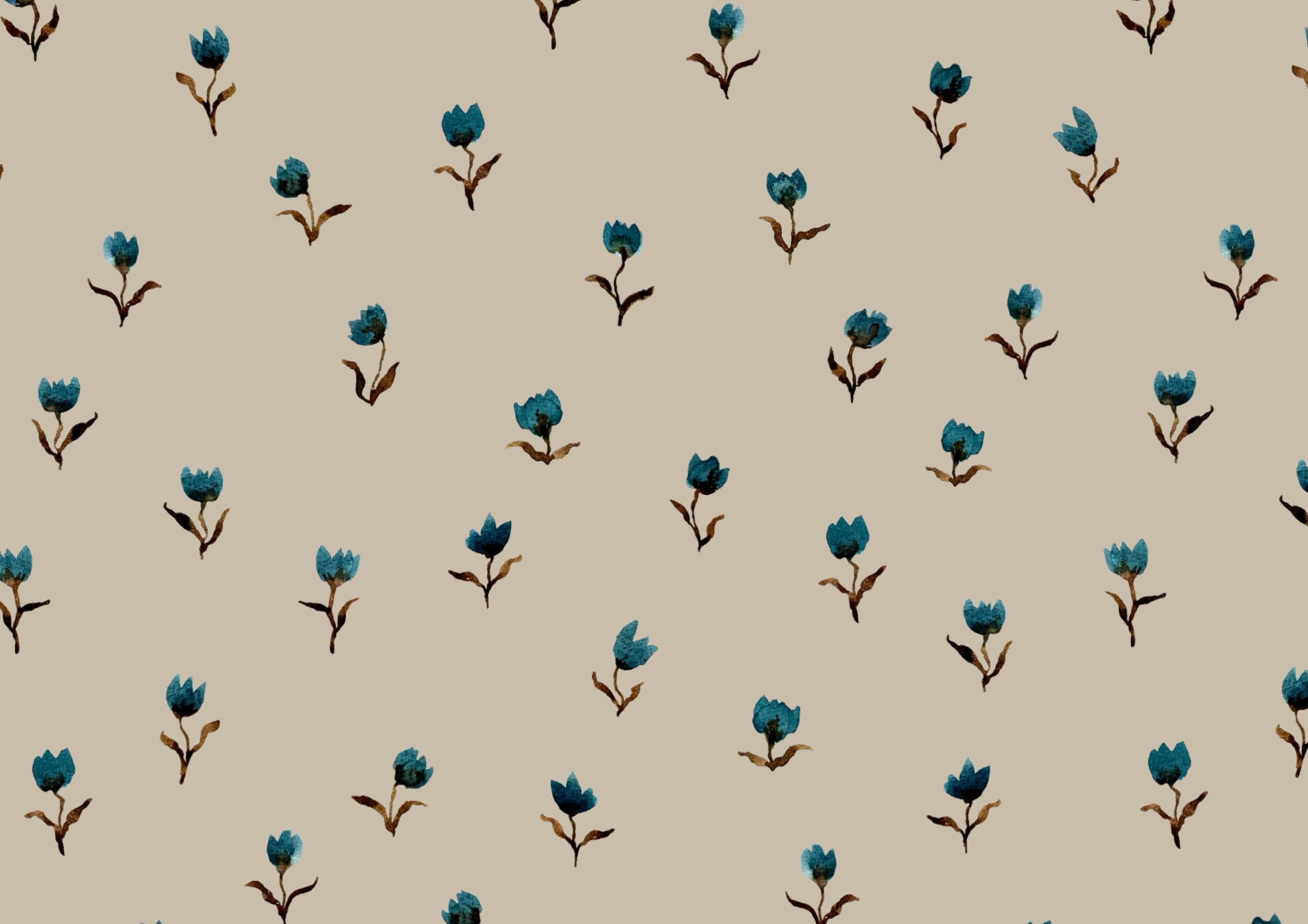 A pattern of small blue flowers with brown stems on a beige background.